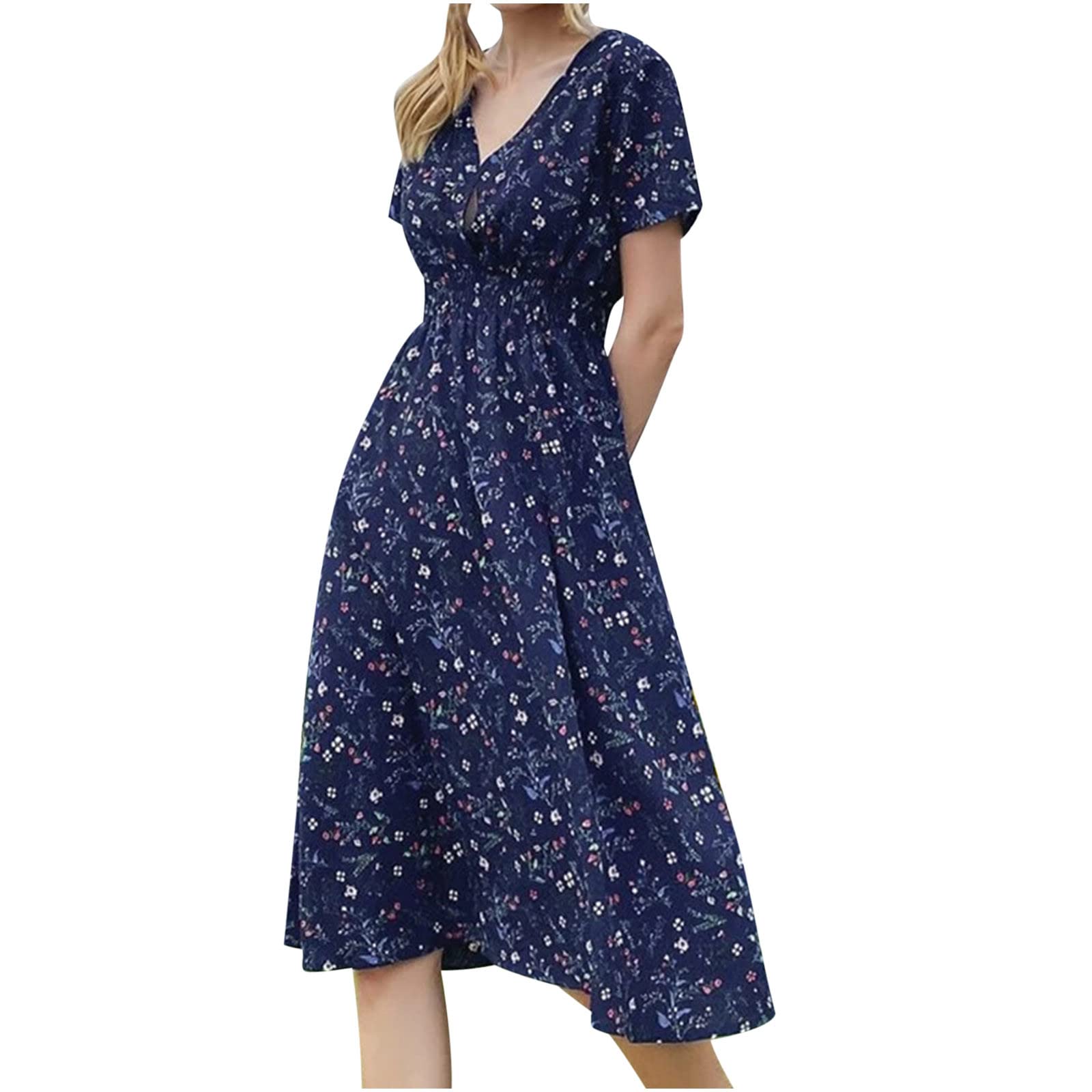 Women's Casual Summer Floral Print V-Neck Short Sleeve Dress - Perfect for Beach Vacations, Picnics & Everyday Wear