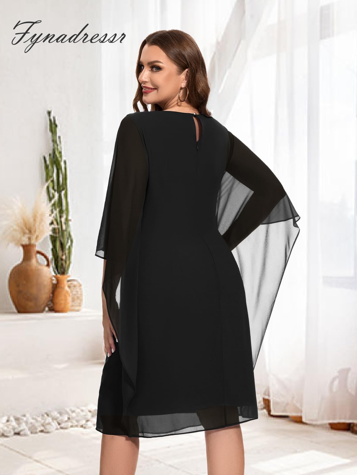Plus Size Women's Chiffon Cape Dress - Sleeveless Elegant Cocktail & Wedding Guest Dress for Special Occasions | Perfect for Parties, Evening Events & Formal Gatherings