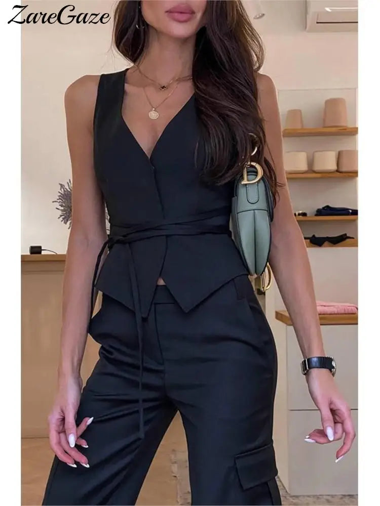 Elegant Chic Lace-Up V-Neck Women's Vest - Solid Slim Sleeveless Tops for Spring & Summer | Sexy Streetwear Fashion for Ladies | Perfect for Date Nights, Parties & Casual Outings