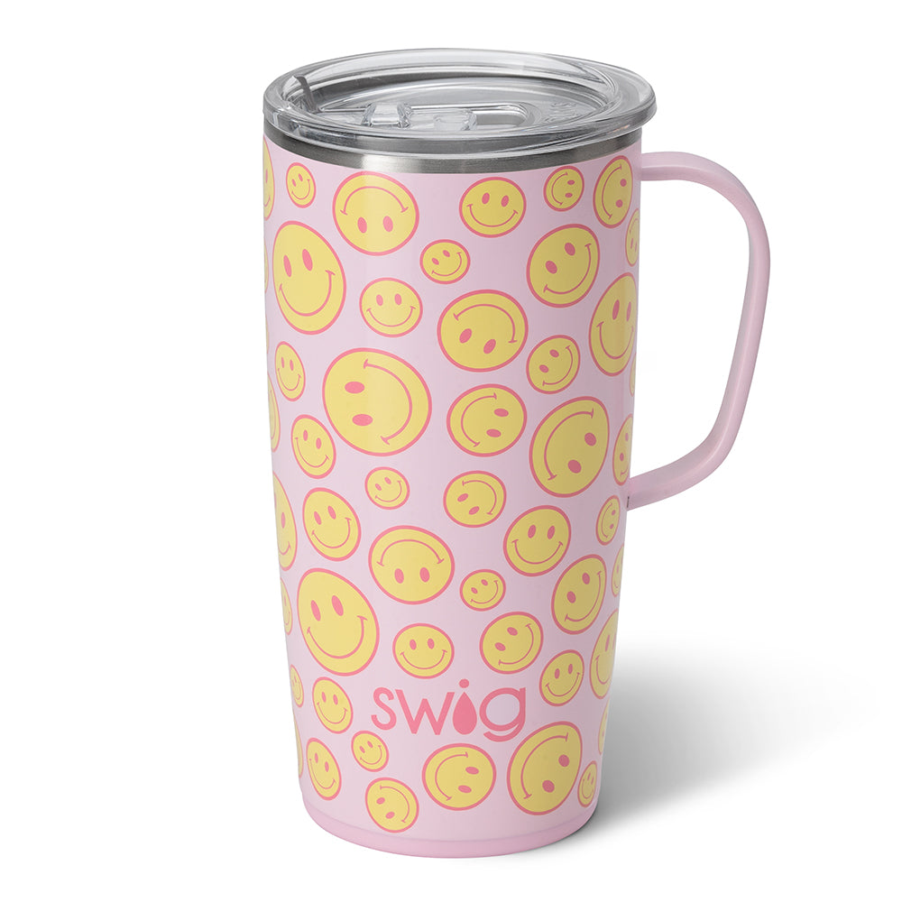 Oh Happy Day 22oz Insulated Travel Mug - Leak Proof Stainless Steel Coffee Tumbler with Handle for Hot & Cold Drinks - Perfect for Commuting, Camping, and Office Use