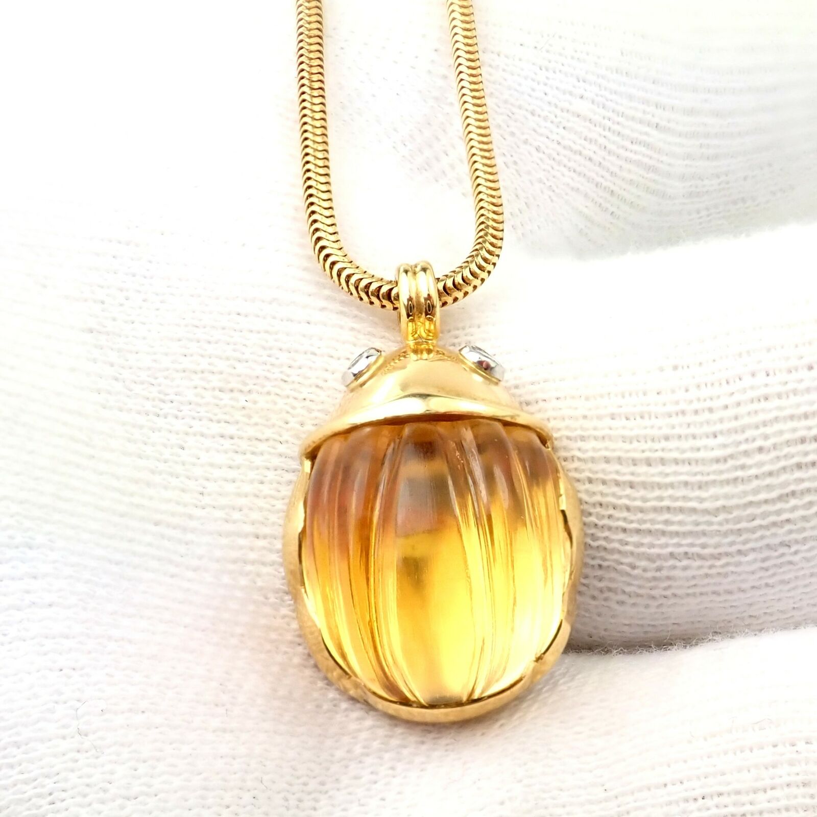 Tiffany & Co Platinum 18k Gold Carved Citrine Diamond Scarab Necklace - Vintage Luxury Jewelry for Women, Perfect for Weddings, Anniversaries & Special Occasions