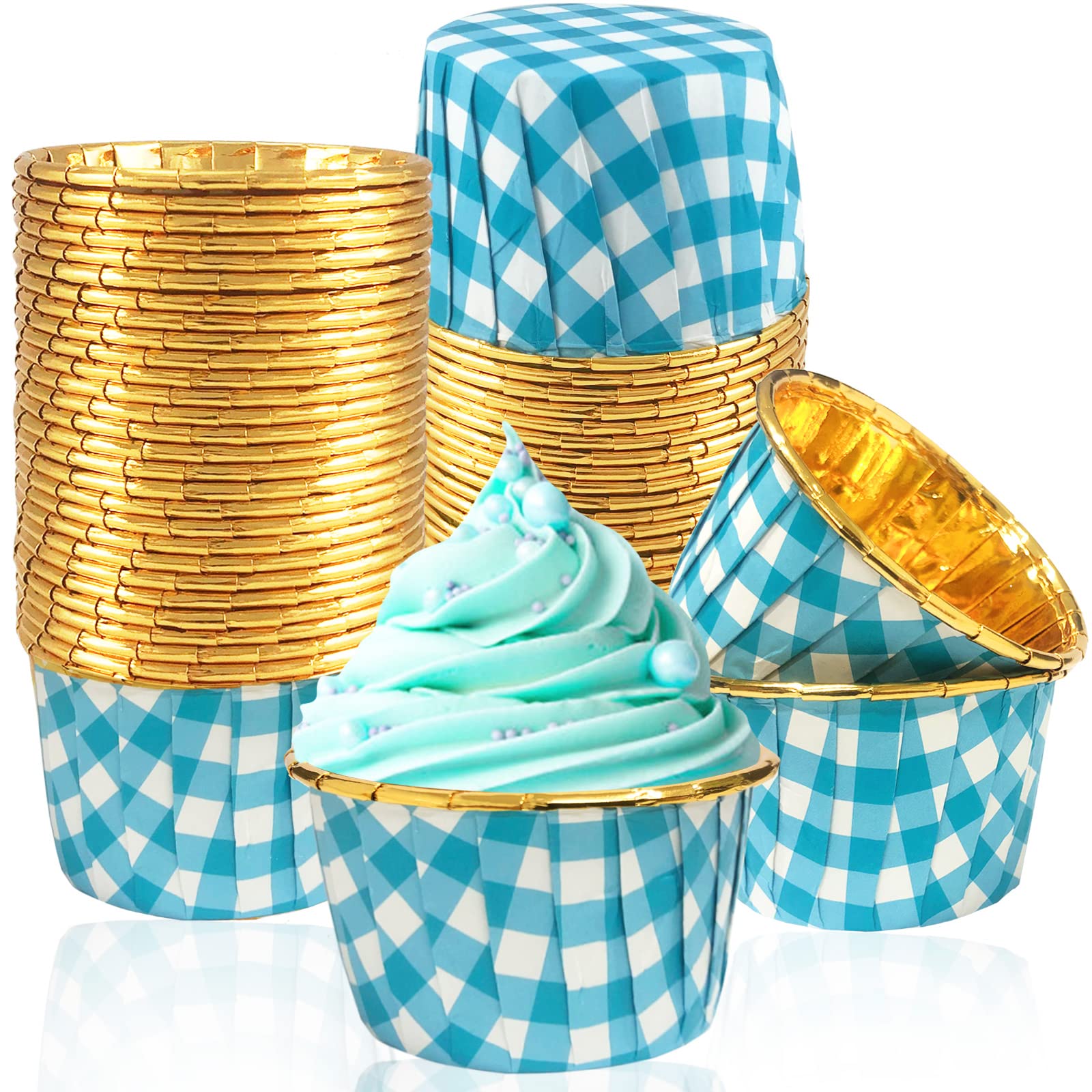 Ruiqiger 50 Pack Gingham Foil Cupcake Baking Cups - 3.5 Oz Checkered Gold Liners for Muffins, Mini Cakes & Desserts - Reusable & Non-Stick - Perfect for Parties, Baking, and Home Decor (Blue Checkered, 50 Count)
