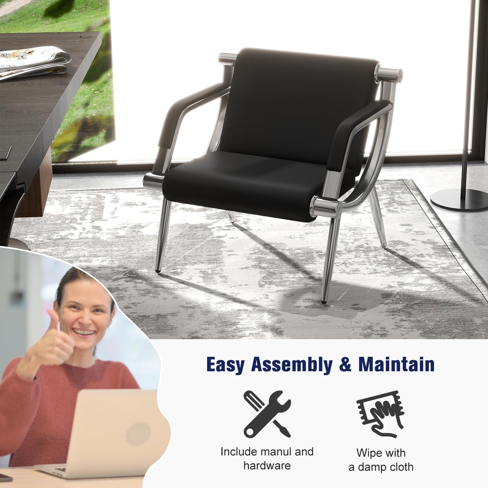 Kinpaw Leather Waiting Room Chairs - Heavy Duty Reception Bench with Padded Arms & Backrest, Black Office Conference Chairs for Meeting Rooms, Lobby Seating and Professional Workspaces