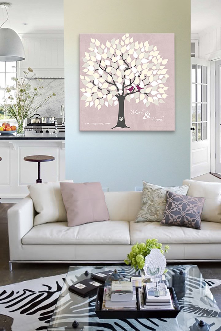 Personalized Wedding Tree Guest Book - Unique Bridal Shower Gift for 100-150 Signatures | Pink Canvas Wall Art Decor 24x24 | Alternative Guest Book Idea for Wedding Reception & Anniversary Gifts