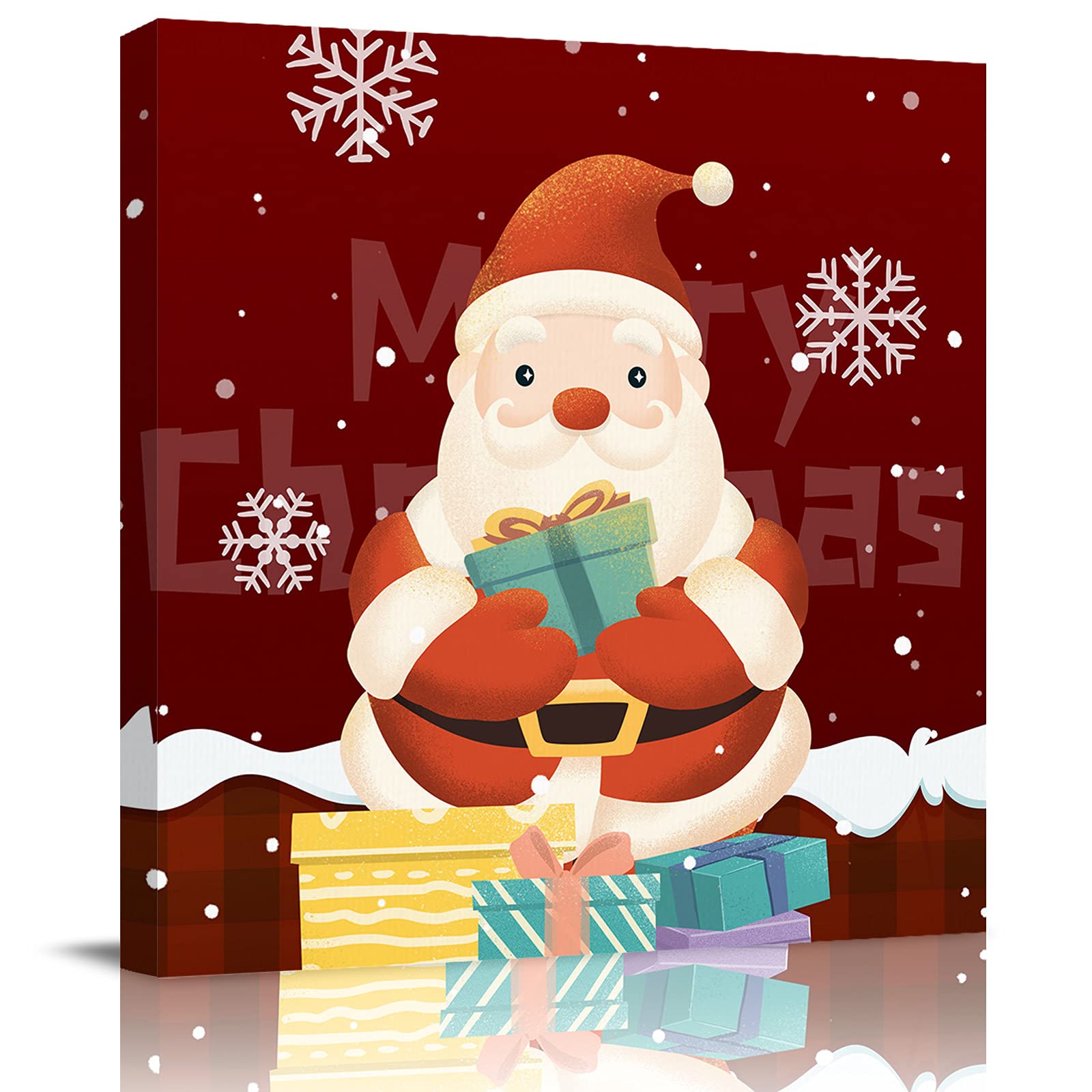 Santa Claus Christmas Canvas Oil Painting - Framed Wall Art with Presents & Snowflakes - Ready to Hang Bathroom Decor for Holiday Season (Winter Home Decoration, Gift Idea, Living Room & Bedroom Art)