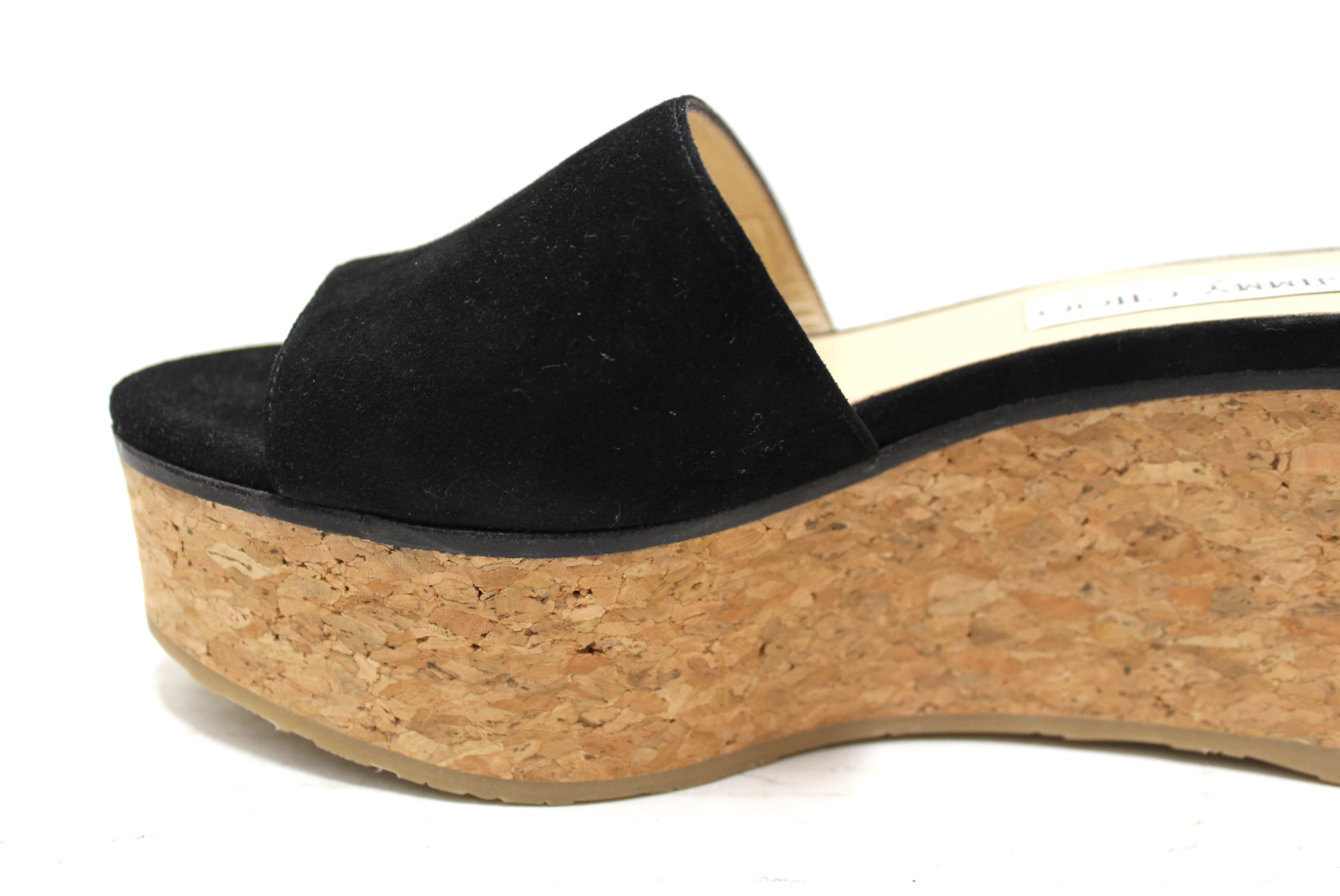 Authentic Jimmy Choo Black Suede Leather Wedge Platform Heels Women's Size 39 - Perfect for Evening Parties, Weddings & Special Occasions