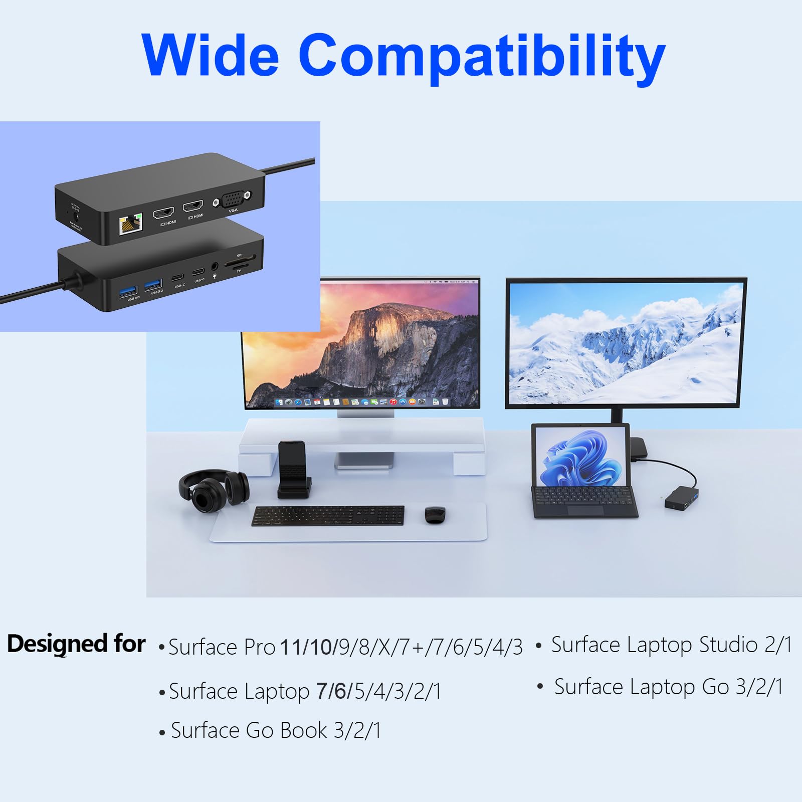 Microsoft Surface Dock Triple Monitor Docking Station - 12-in-1 USB-C Hub with Dual HDMI & VGA Ports, Power Adapter - Compatible with Surface Pro 11/10/9/8/X/7/6/5/4/3, Surface Laptop 7/6/5/4/3/2/1, Surface Book & Laptop Go 3/2 - Perfect for Home Office, Gaming & Multi-Screen Productivity