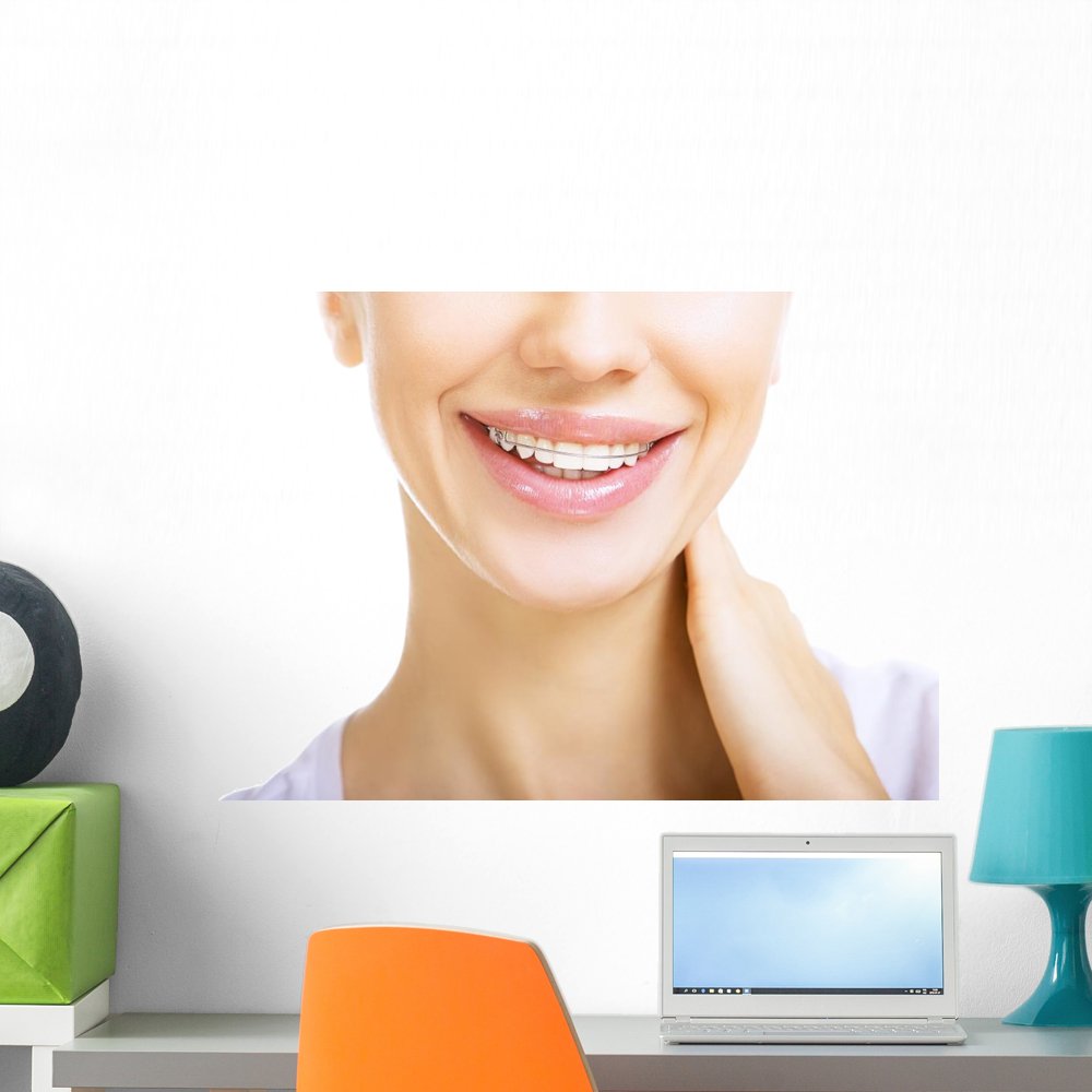 Beautiful Smiling Girl with Retainer Teeth Wall Decal - 24x16 Inch Peel & Stick Wall Art Graphic by Wallmonkeys WM300273 - Perfect for Kids' Rooms, Dental Offices & Home Decor
