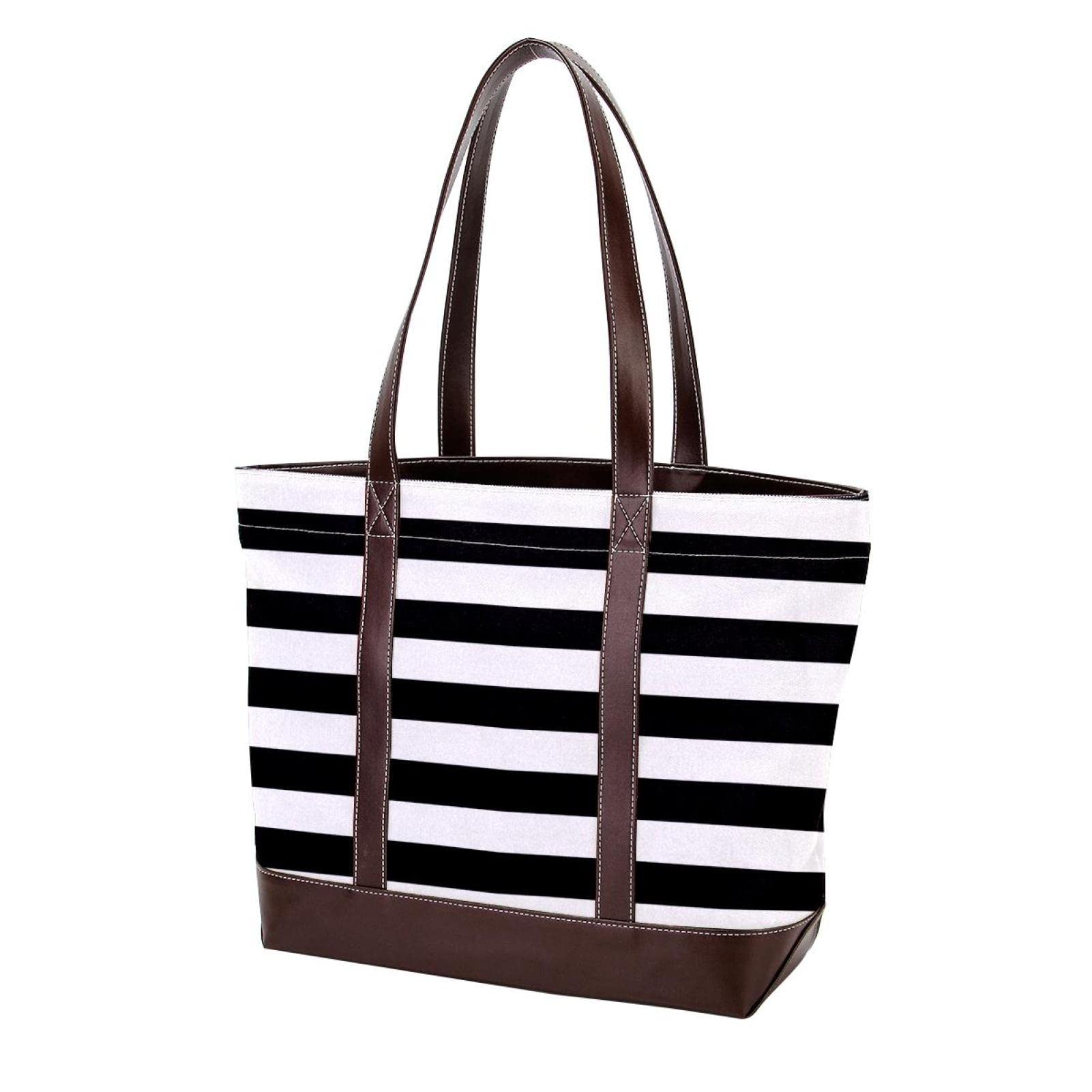 Stylish Vintage Black and White Striped Tote Bag for Women - Large Beach Bag, Shoulder Purse with Zipper, Perfect for Work, Travel & Shopping