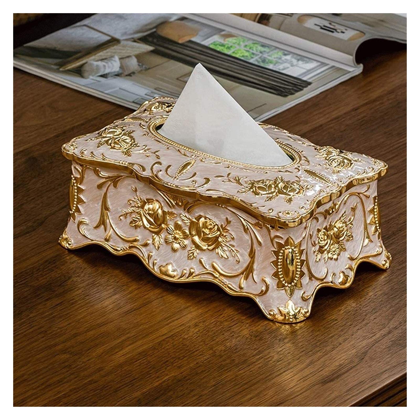 Vintage Metal Paper Napkin Dispenser with 3D Rose Relief - Gold White European Style Tissue Box Cover for Bathroom, Kitchen & Desktop Decor | Elegant Facial Tissue Holder for Home & Office Use