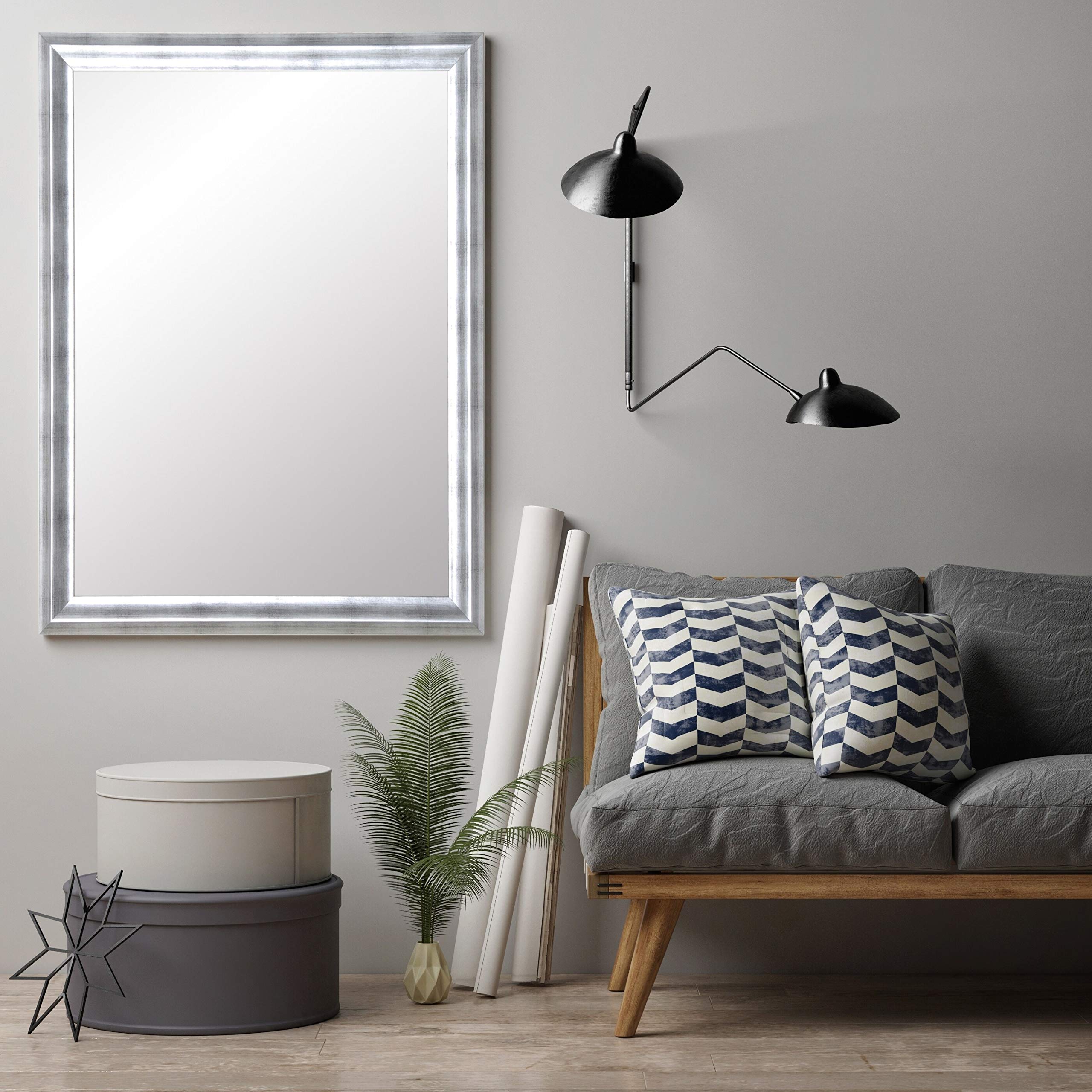 BrandtWorks Modern Brushed Silver Wall Mirror 31x35 Inches - Elegant Bathroom Vanity Mirror, Bedroom Decor & Entryway Accent Piece