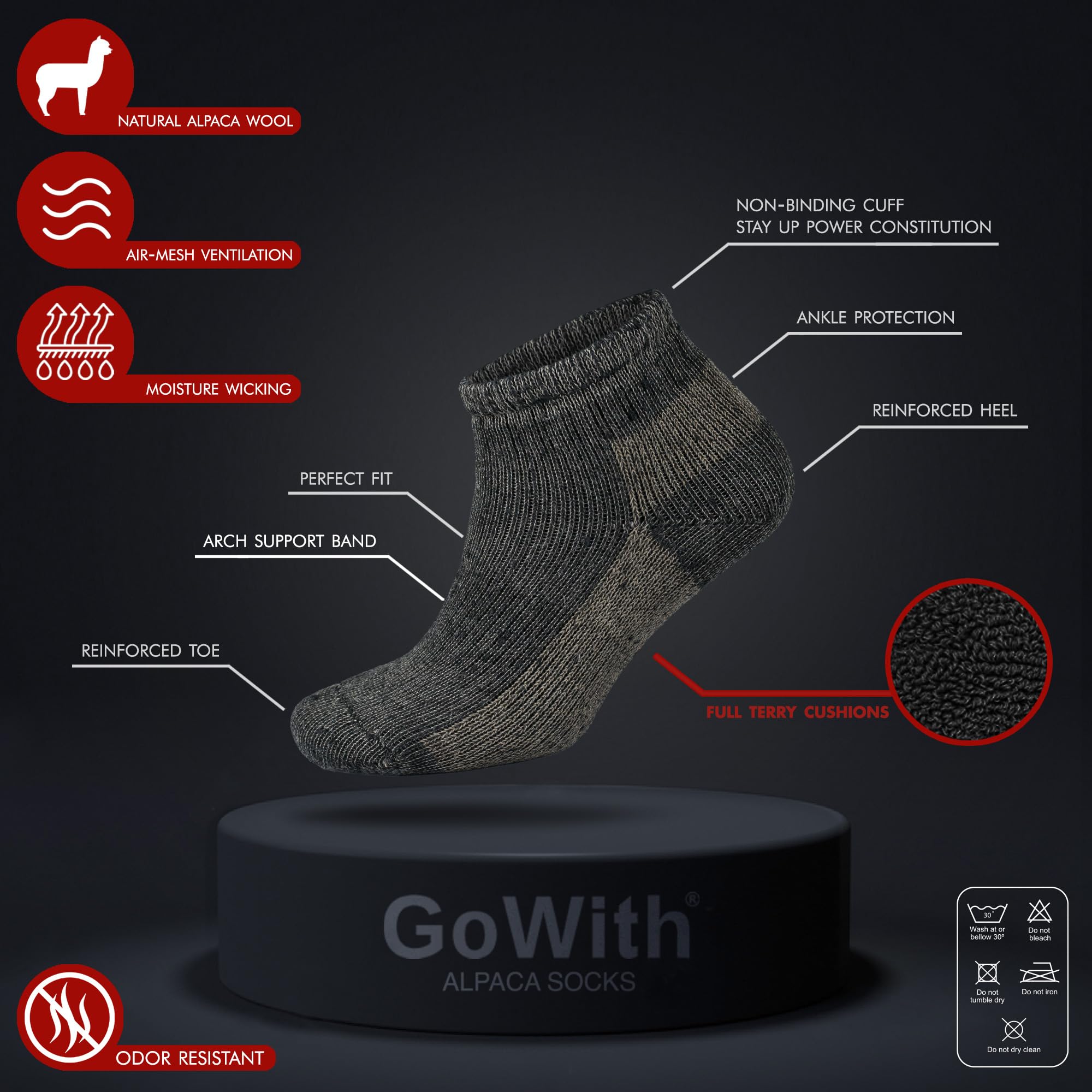 GoWith Alpaca Wool Low-Cut Hiking Socks for Men & Women - Cushioned Terry Warm Thermal Thick Merino Blend Socks for Camping, Trekking & Outdoor Adventures