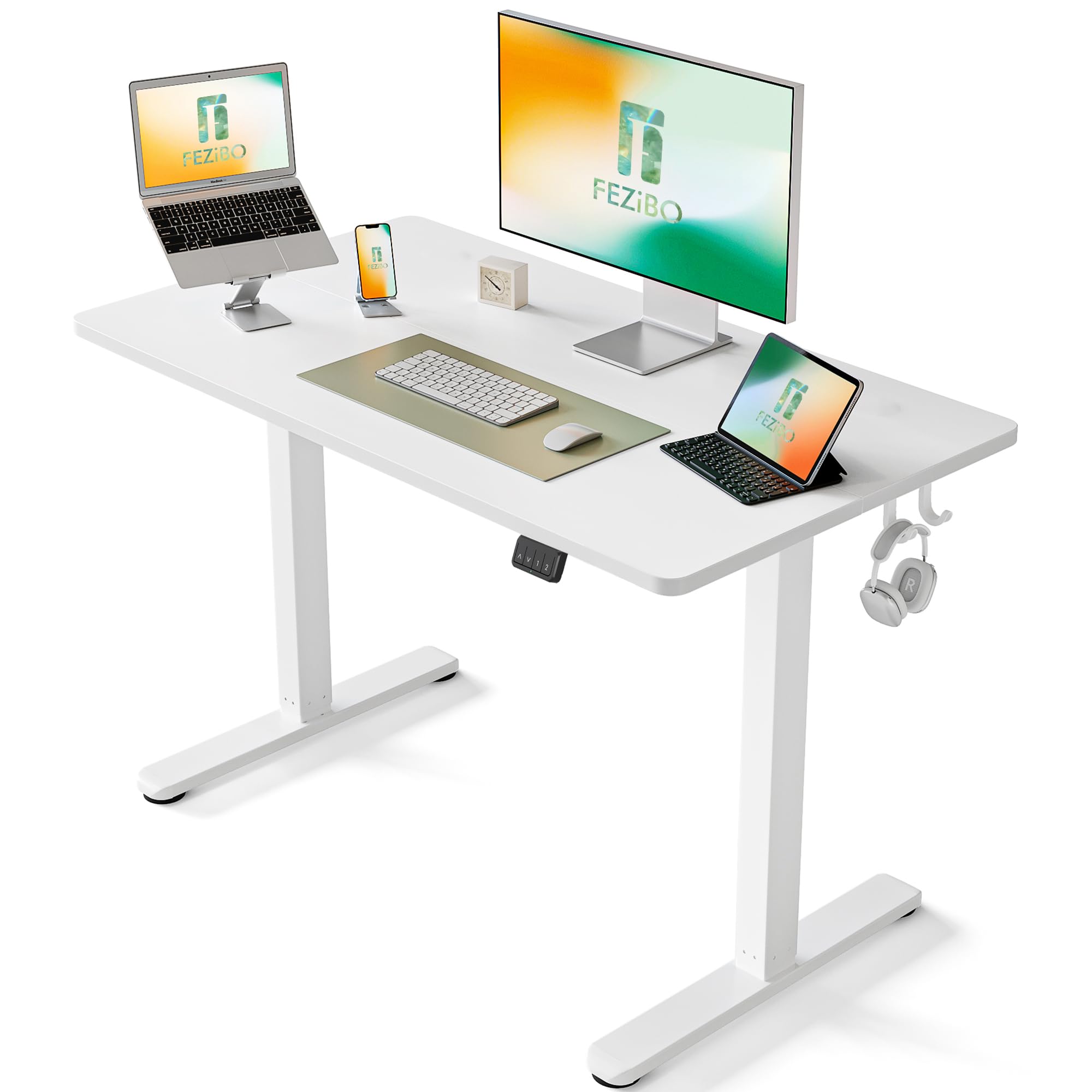 FEZIBO Electric Standing Desk 40 x 24 Inches - Height Adjustable Sit Stand Desk for Home Office with White Frame & White Top | Ergonomic Workstation for Remote Work & Study