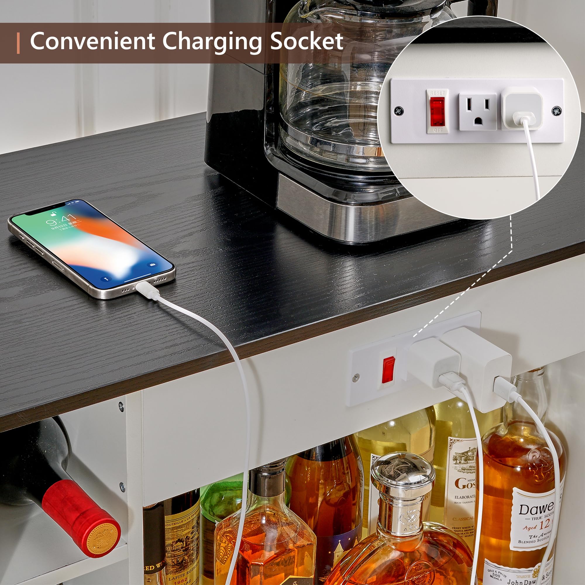 VECELO White Rolling Kitchen Island Cart with Large Storage, Microwave Stand, Open Shelves & Wine Rack - Mobile Bar Cabinet with Power Outlet for Dining Room, Living Room, Kitchen & Home Entertaining