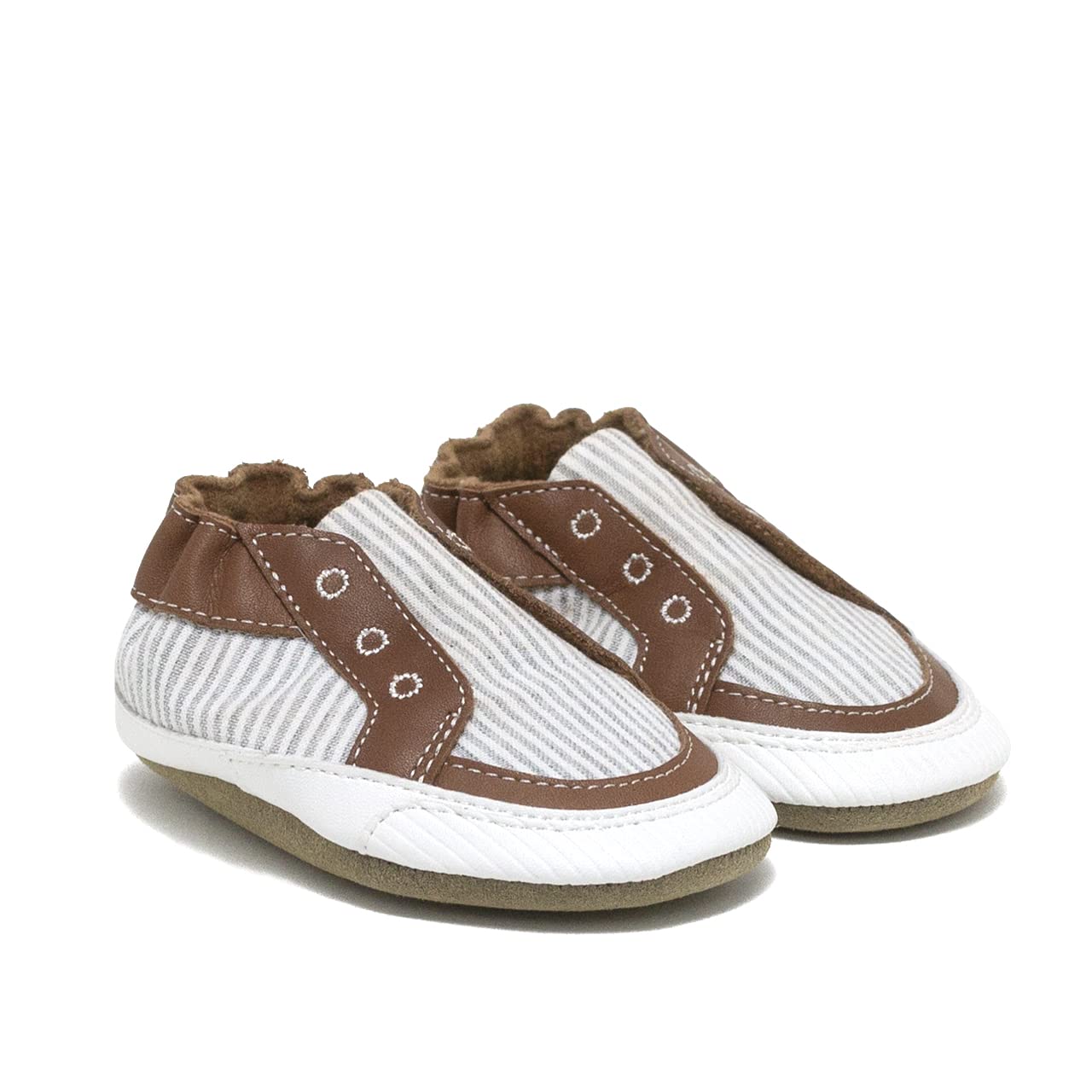 Robeez Soft Sole Baby Shoes for Boys & Girls - Non-Slip Crib Slippers for Infants 0-6 Months (Stylish Steve Grey Seersucker) - Perfect for First Steps, Indoor Play & Special Occasions
