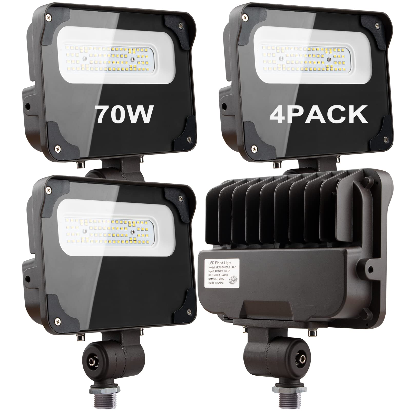 70W LED Flood Light with Knuckle - 5000K Daylight (Equivalent to 280W HPS) - IP65 Waterproof Outdoor Lighting for Garage, Yard, Warehouse - Energy Saving (2555W/5Y at 5hrs/Day) - 4 Pack - Perfect for Security, Landscape, and Construction Site Illumination