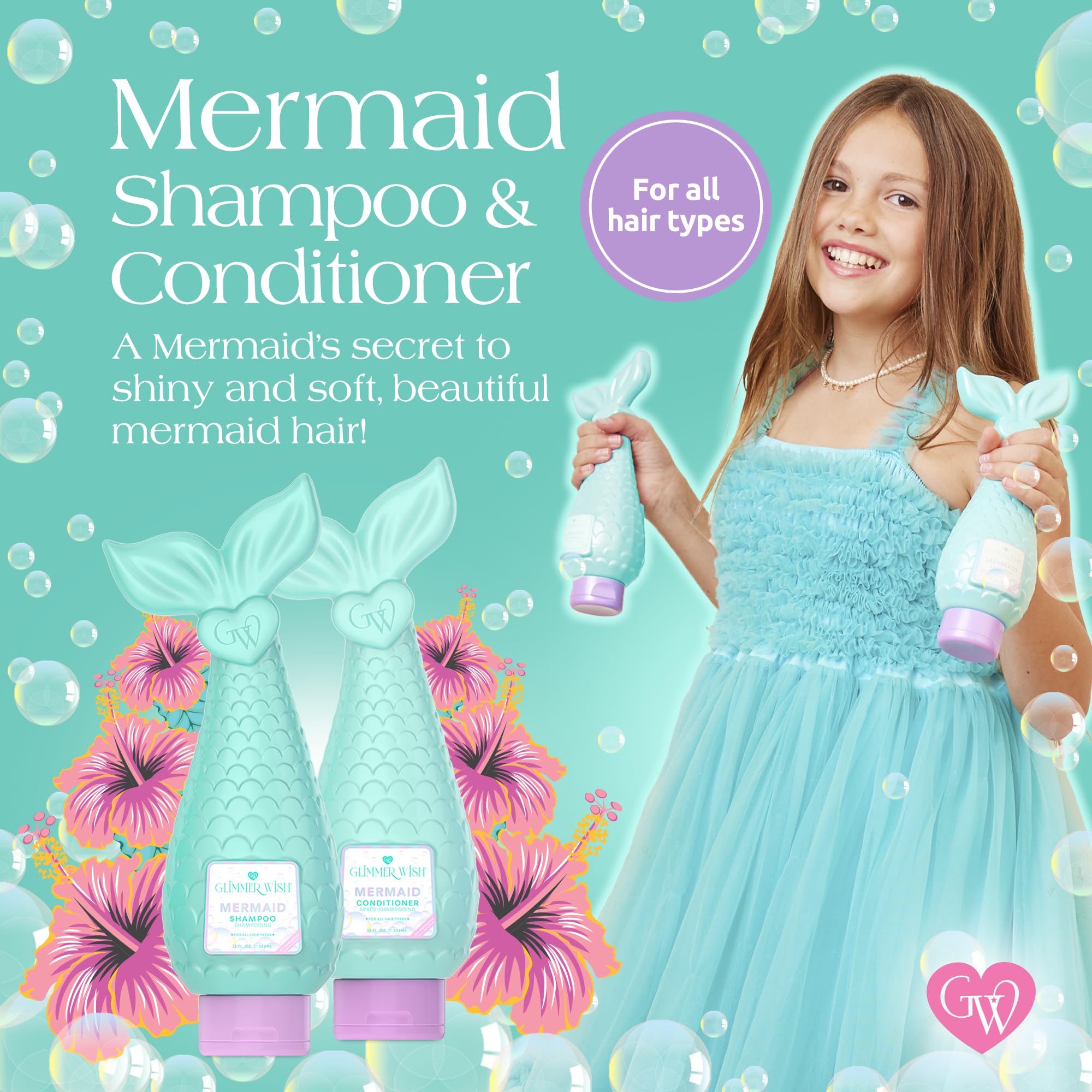 Glimmer Wish Premium Mermaid Shampoo & Conditioner Set - Tropical Beach Scent, Sulfate Free, Vegan & Cruelty Free Hair Care (12 Fl Oz x2) for Soft, Shiny Hair - Perfect for Beach Days, Pool Parties & Summer Vacations