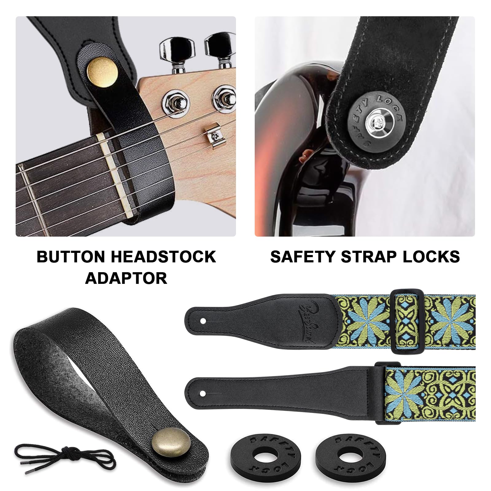 Premium Jacquard Embroidered Cotton Guitar Strap with Genuine Leather Ends - Adjustable Shoulder Strap for Bass, Acoustic & Electric Guitars - Perfect for Live Performances, Studio Sessions & Music Practice