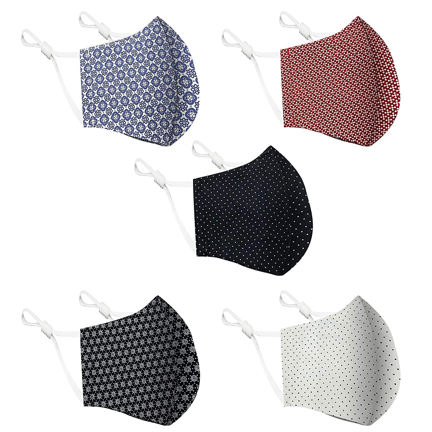 MAPLE Cotton Face Mask 5 Pack - Handmade Washable Reusable 3-Layer Cloth Masks with Adjustable Ear Loops for Women & Men | Dots Pattern | Made in India | Perfect for Daily Use, Travel, and Outdoor Activities