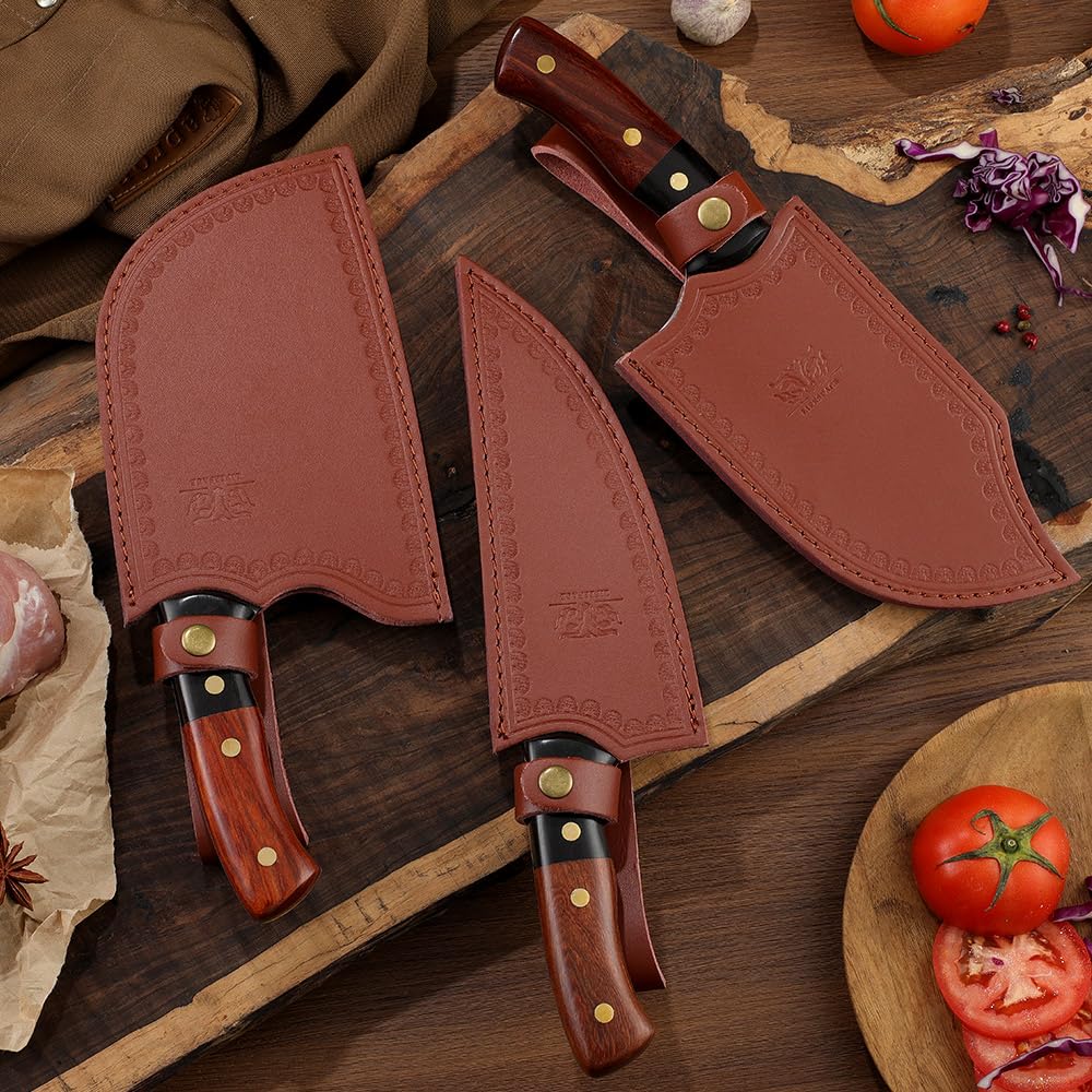 Premium 3-Piece Chef Cleaver Knife Set with Genuine Leather Sheaths - Professional Kitchen Knives for Meat, Vegetables & Herbs - Perfect Gift for Chefs & Cooking Enthusiasts