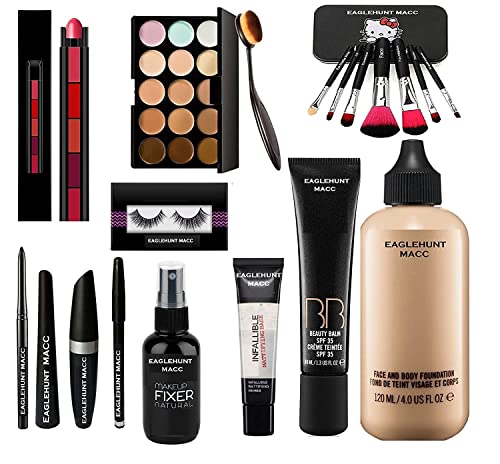 EAGLEHUNT 13-Piece MAC Combo Makeup Kit for Women & Girls - Foundation, 3-in-1 Primer, Makeup Brush, 5-in-1 Lipstick, Kajal, Fixer | Perfect for Daily Makeup, Party Looks & Professional Beauty Routines