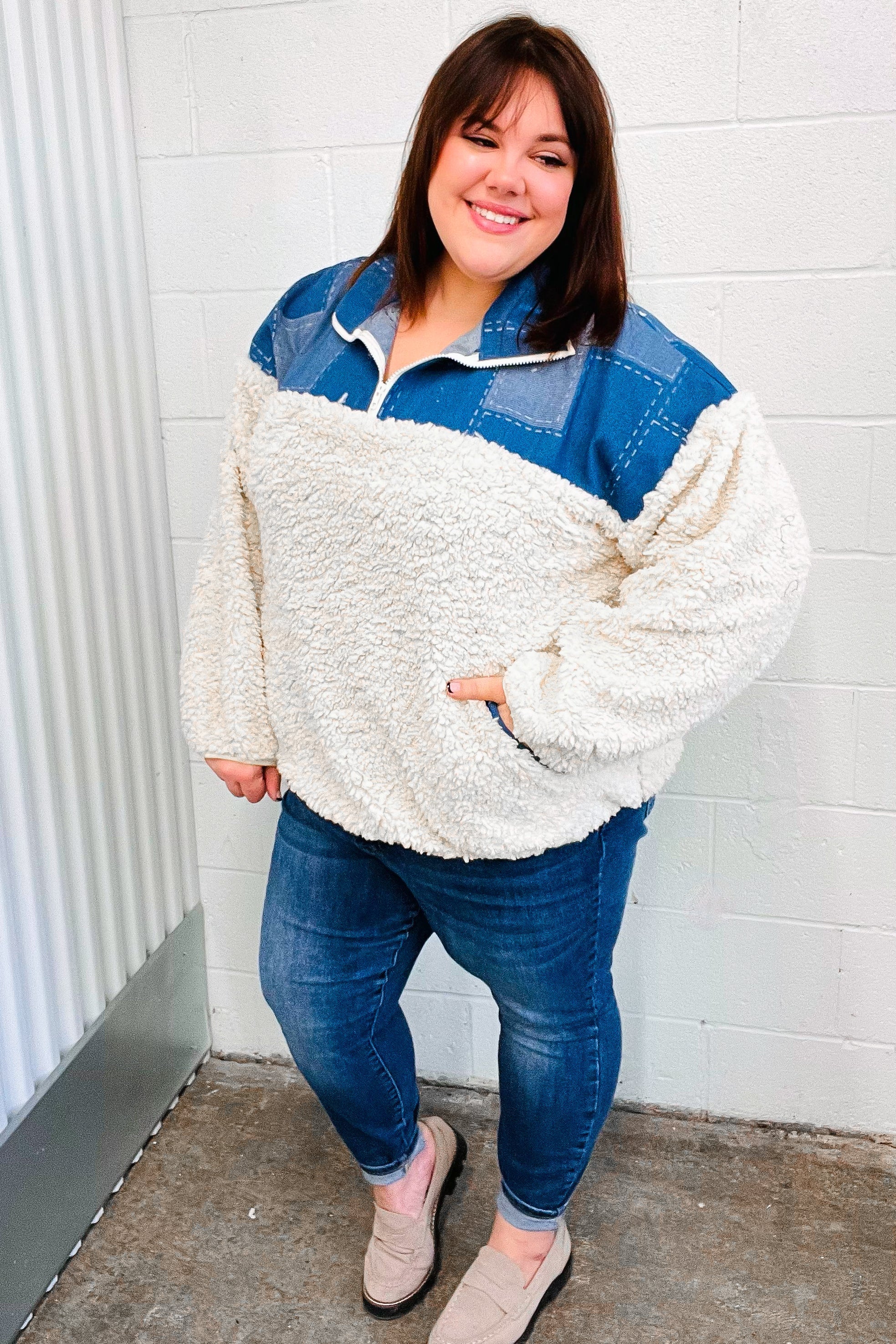 Stylish Good Vibes Denim & Ivory Patchwork Sherpa Half Zip Pullover for Women | Cozy Winter Fleece Jacket | Perfect for Casual Outings, Hiking & Outdoor Activities
