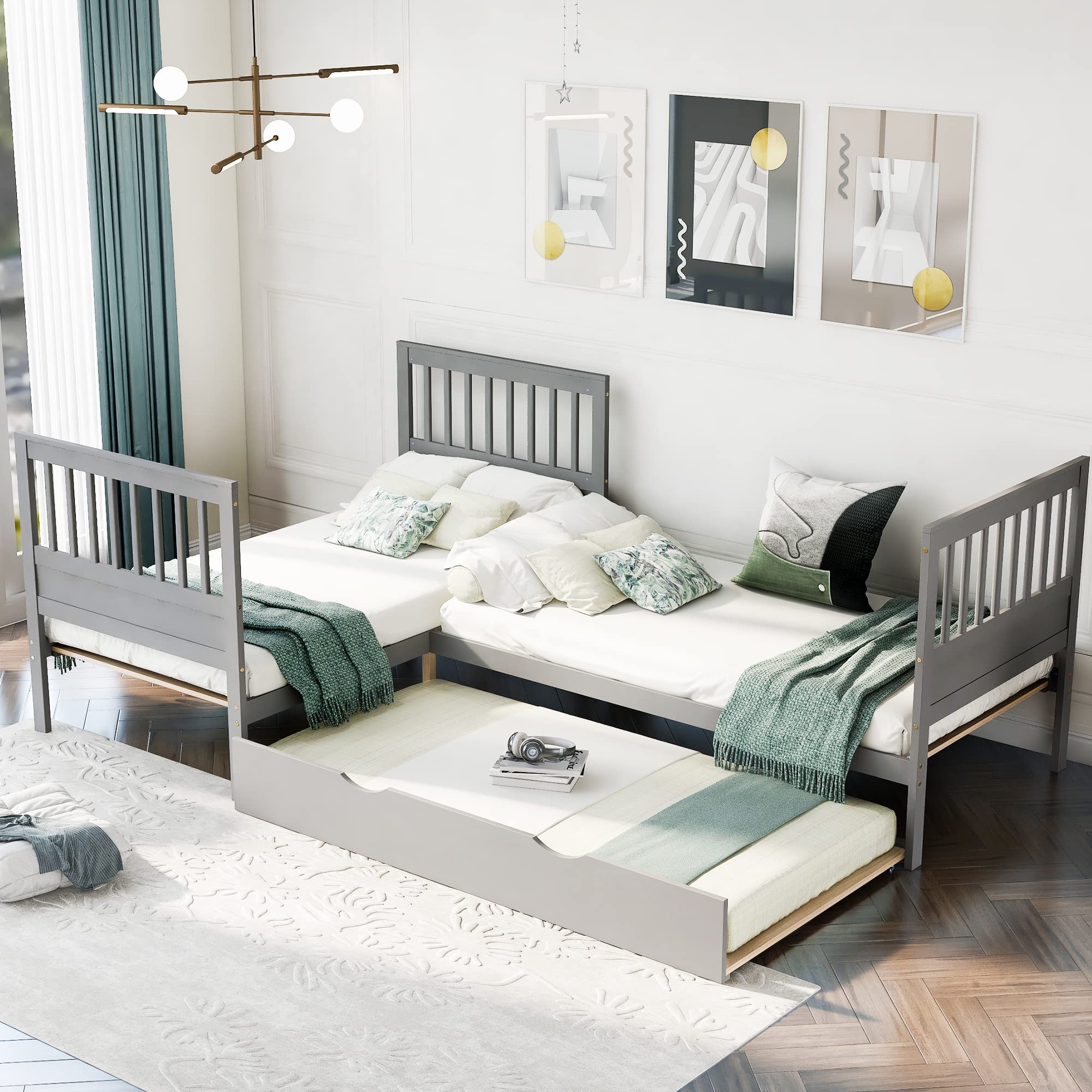 L Shaped Platform Bed with Trundle - Wooden Corner Bed Frame with Headboard & Footboard - 3-in-1 Twin Size Bed for 3 People (Gray) - Perfect for Kids' Rooms, Guest Rooms & Small Spaces