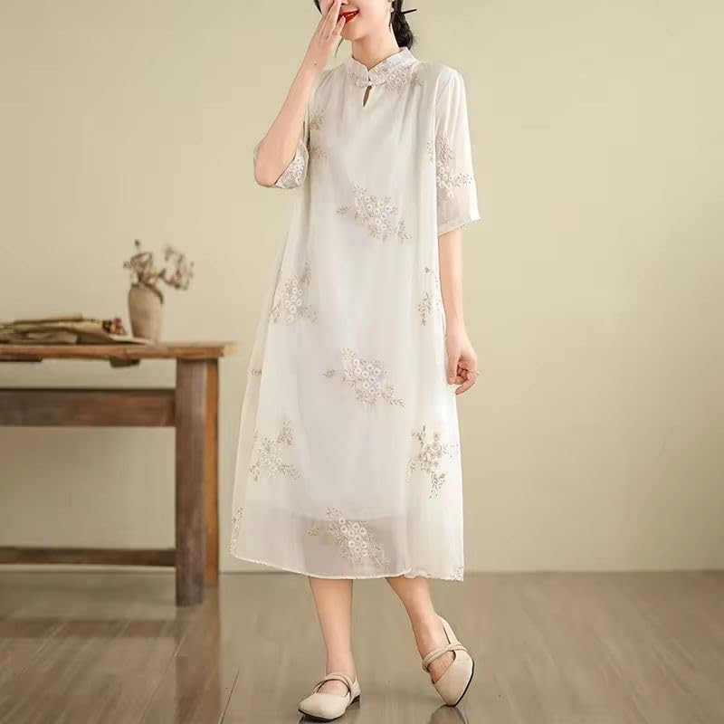 JYHBHMZG Women's Embroidered Linen Summer Dress - Chinese Style Stand Collar Long Sleeve Ethnic Maxi Dress for Casual Wear, Vacation & Cultural Events