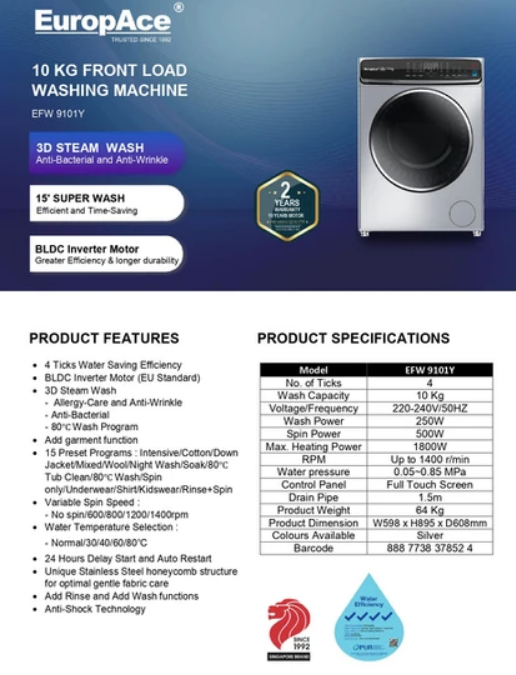 EuropAce EFW 9101Y 10KG Front Load Washing Machine - Energy Efficient, Quiet, Large Capacity for Apartments & Laundry Rooms