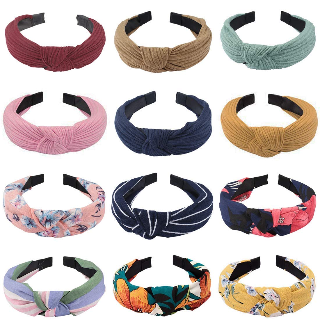 VELSCRUN 12 Pack Women's Knotted Headbands - Wide Boho Turban Hair Bands, Stretchable Elastic Hair Accessories for Women | Perfect for Yoga, Workouts, Fashion and Everyday Wear