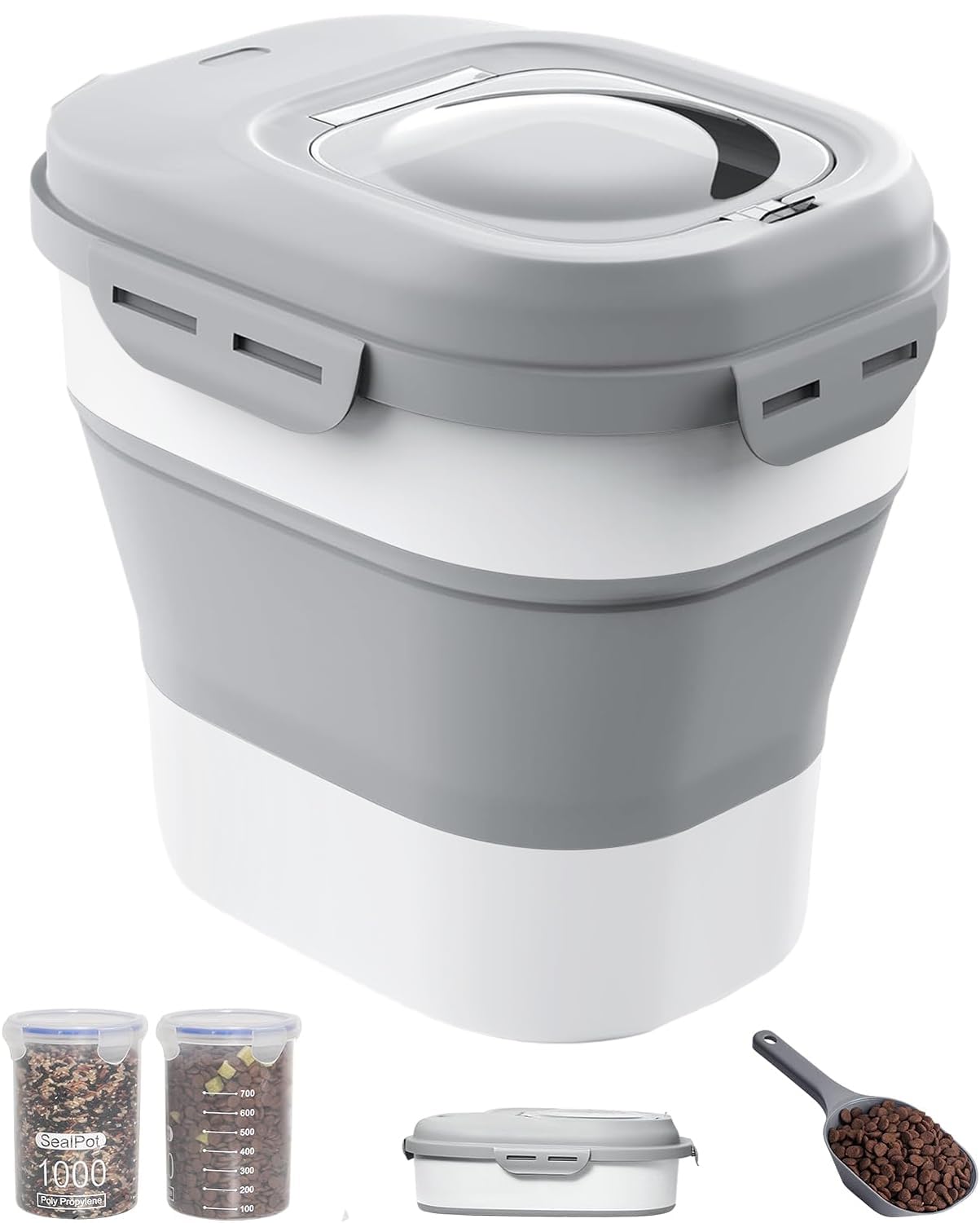 30-35 Lbs Collapsible Dog Food Storage Container with Airtight Lid, Wheels & Scoop - Includes 2 Bonus Food Storage Containers - Large Pet Food Bin for Dogs & Cats (Grey) - Ideal for Home, Kitchen, Garage & Travel Use