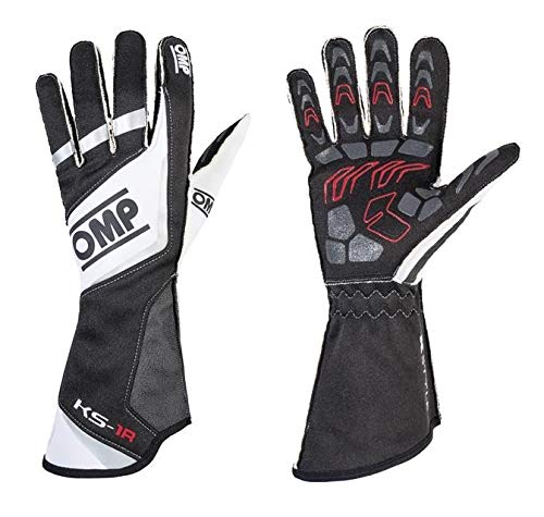 OMP KS-1R Professional Kart Racing Gloves - Breathable, Grip Enhanced (XS, Black/White/Silver) for Karting, Motorsports & Track Racing