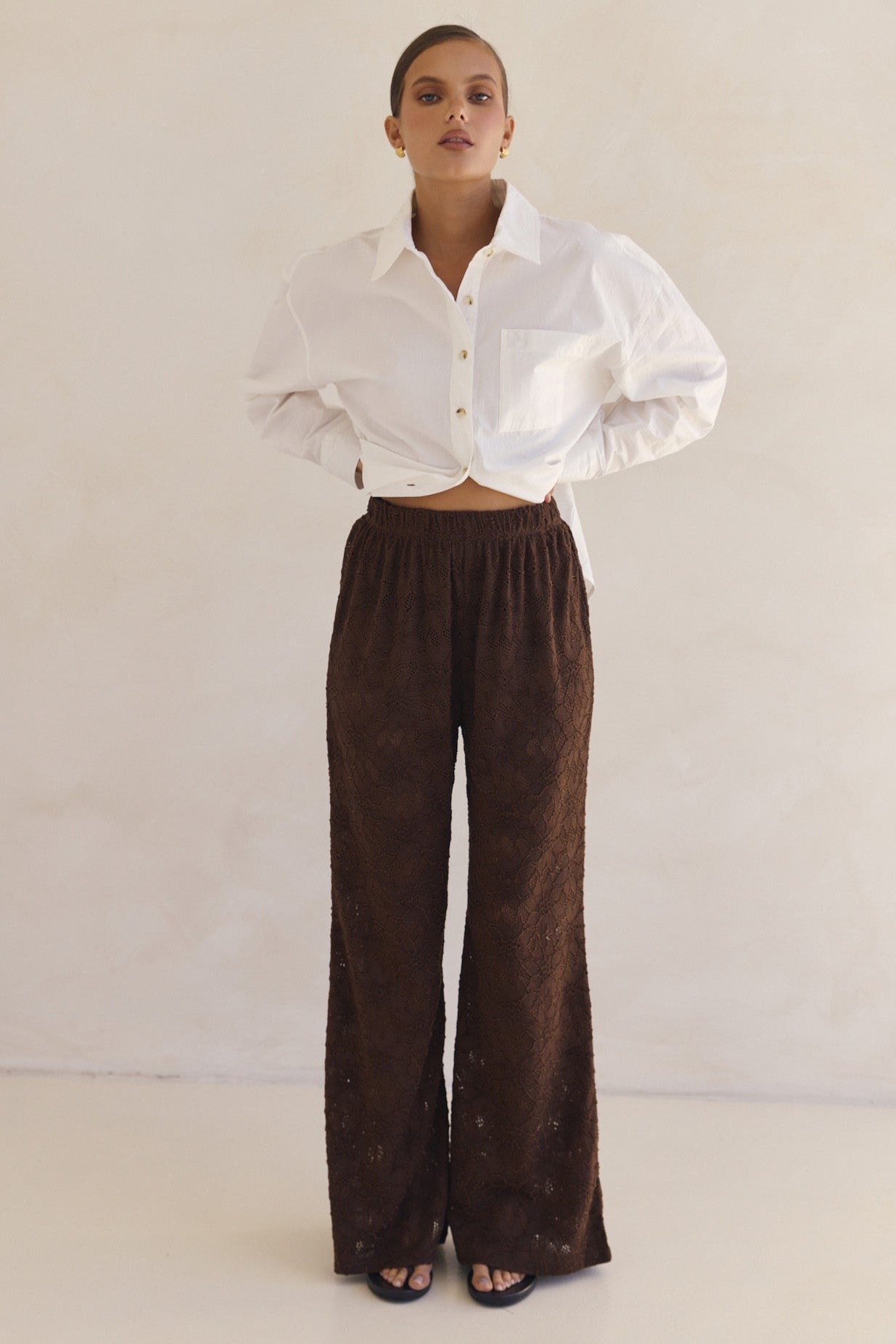Isola Lace Pant Chocolate Brown - Elegant Lace Pants for Women, Comfortable High Waist Stretch Trousers - Perfect for Office Wear, Date Night & Special Occasions