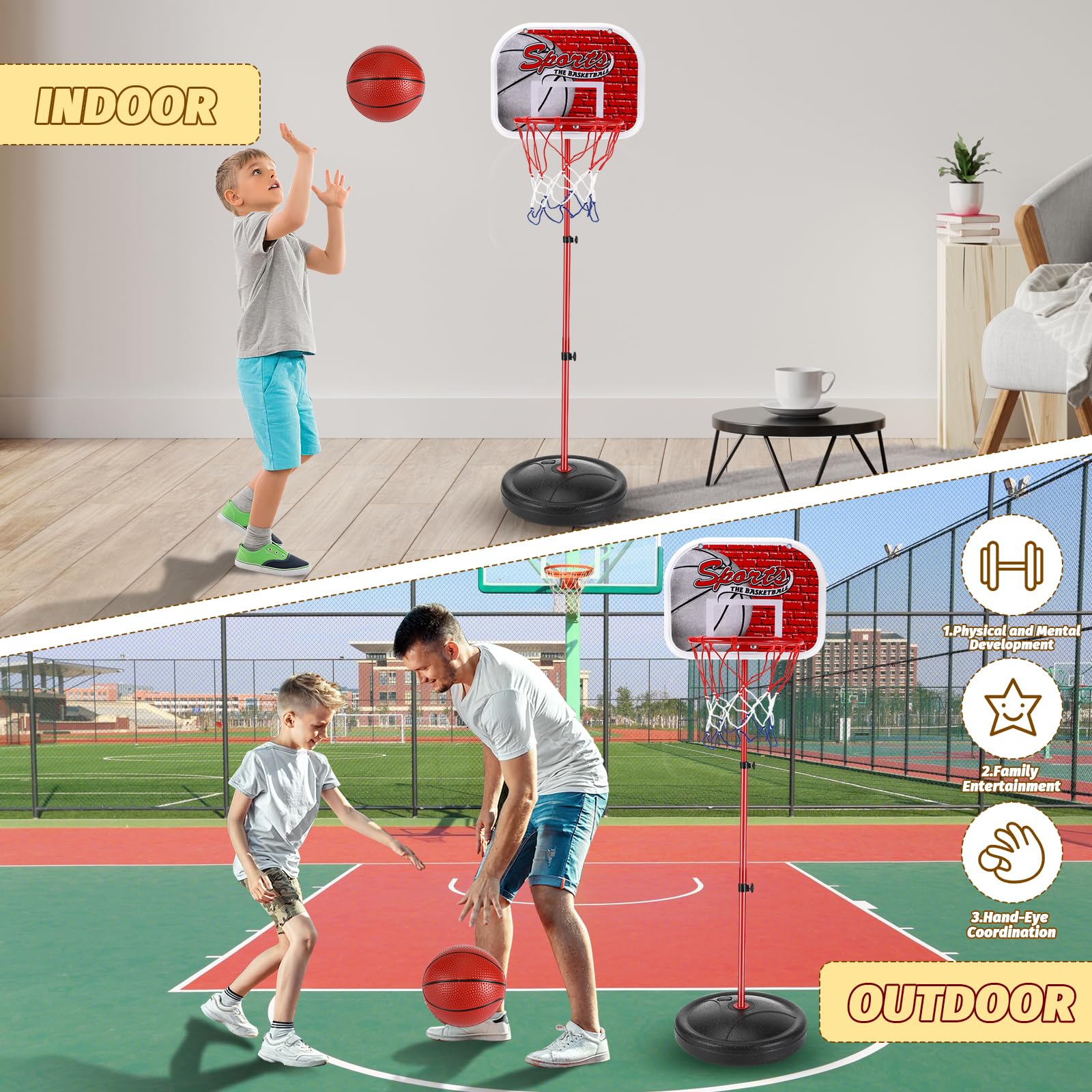 Adjustable Height Kids Basketball Hoop Set with 2 Balls & Pump - Indoor & Outdoor Basketball Goal for Boys & Girls Ages 3-8 - Perfect for Driveway, Backyard, and Playground Fun