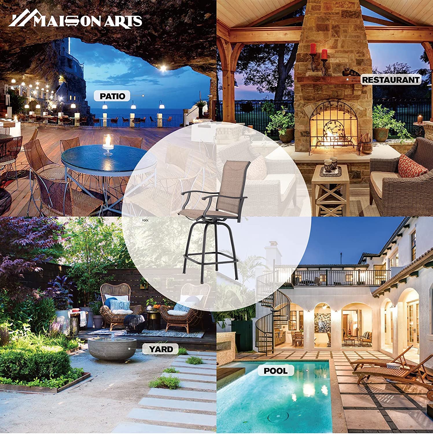 MAISON ARTS Outdoor Bar Stools Set of 6 - Swivel Patio Chairs with High Back, 300 lb Capacity Bar Height Stools for Deck, Backyard & Garden | Perfect for Outdoor Dining, Poolside Lounging & Entertaining