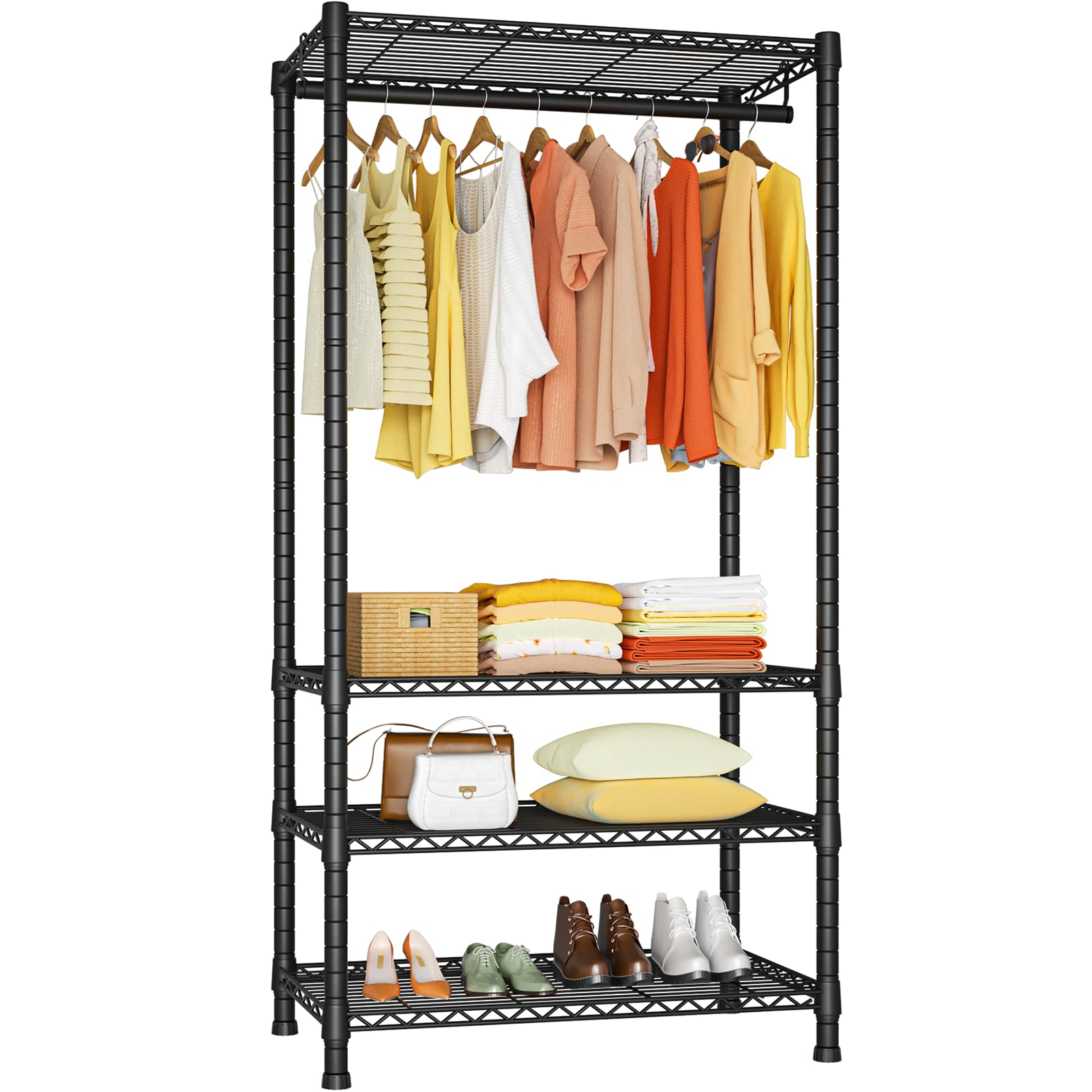 Heavy Duty 4-Tier Freestanding Clothes Rack with Shelves - 500LB Capacity Metal Garment Organizer for Closet Storage & Wardrobe System - Perfect for Bedroom, Laundry Room or Commercial Use - Black