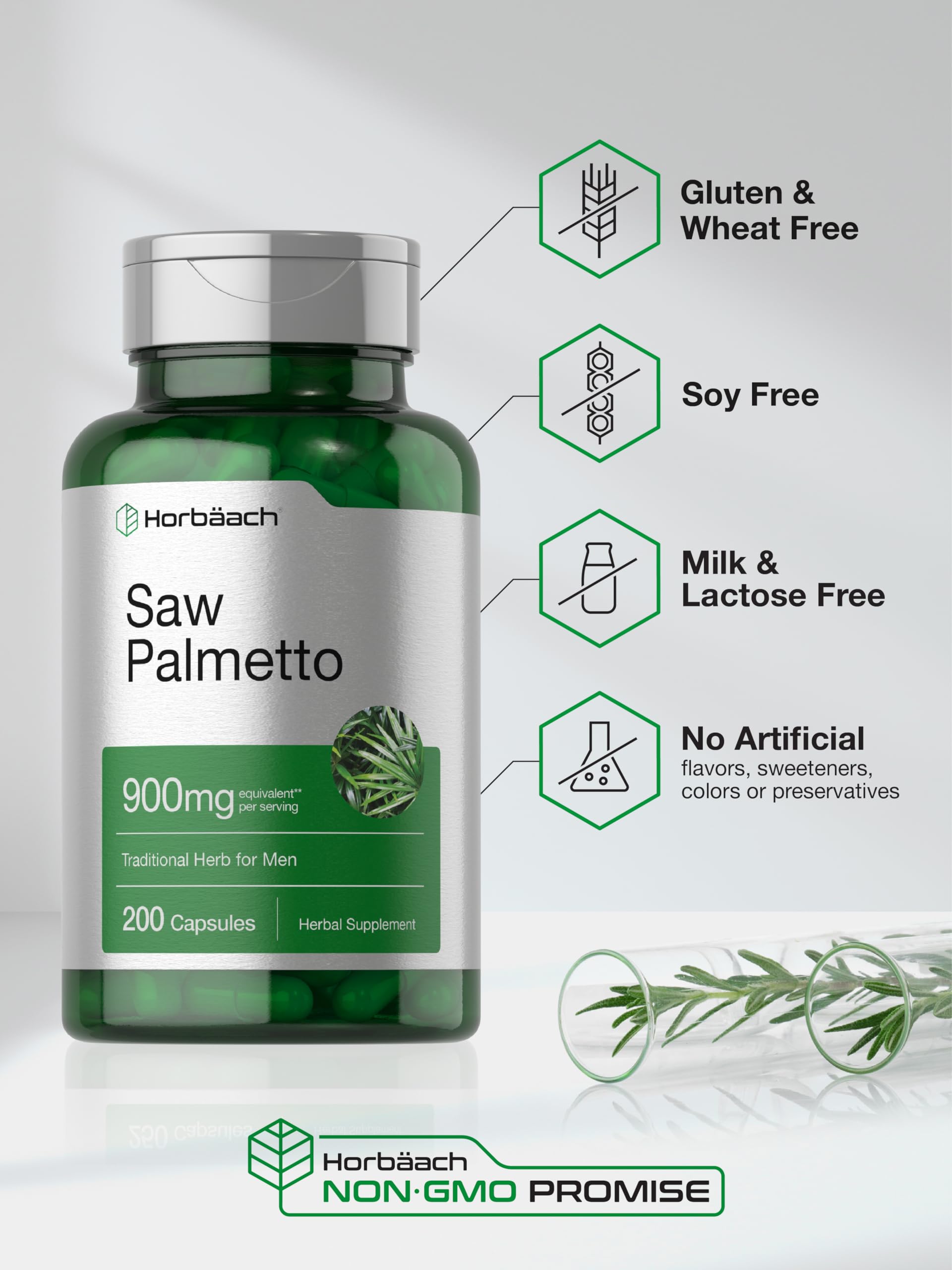 Horbaach Saw Palmetto Extract 900mg - 200 Capsules | Non-GMO, Gluten Free Supplement | Supports Prostate & Urinary Health | Made from Pure Saw Palmetto Berries | for Men's Wellness & Hair Growth Support