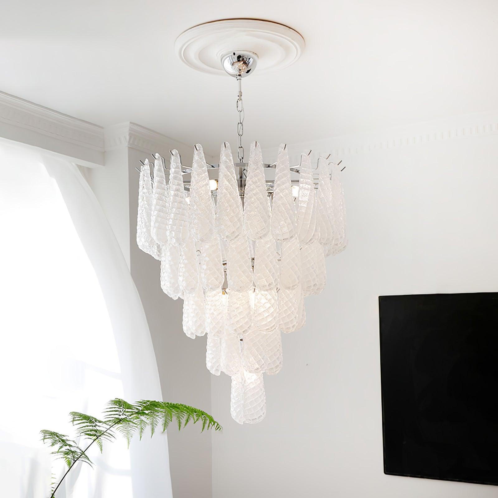 Modern Grid Glass Waterfall Chandelier - Elegant LED Ceiling Light Fixture for Dining Room, Living Room, Bedroom & Entryway | Dimmable Crystal Pendant Lighting for Home Decor