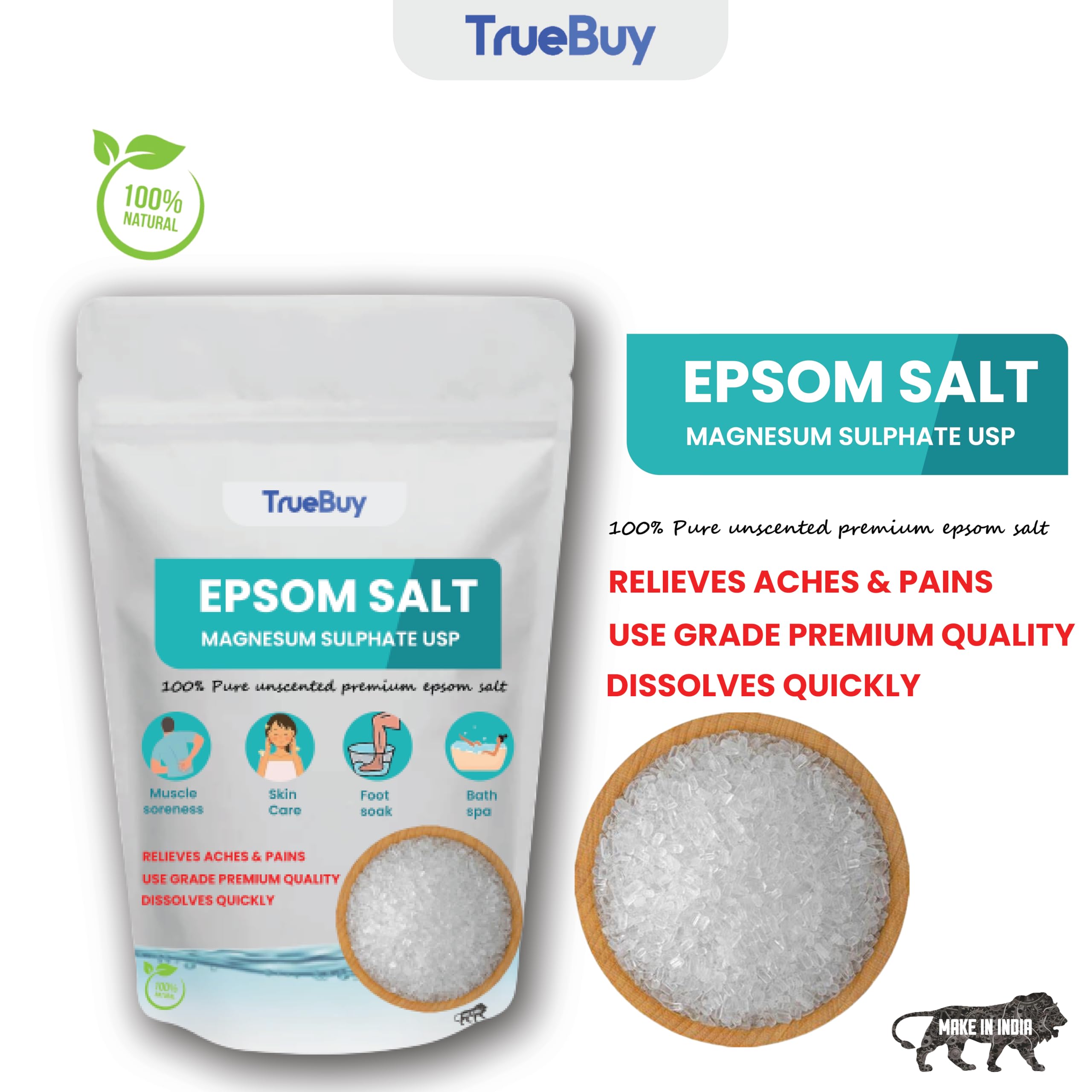 TrueBuy Epsom Salt for Bath - 900g Magnesium Sulfate Crystals for Muscle Relaxation, Pain Relief & Stress Relief | Perfect for Post-Workout Recovery, Spa Days & Relaxing Baths