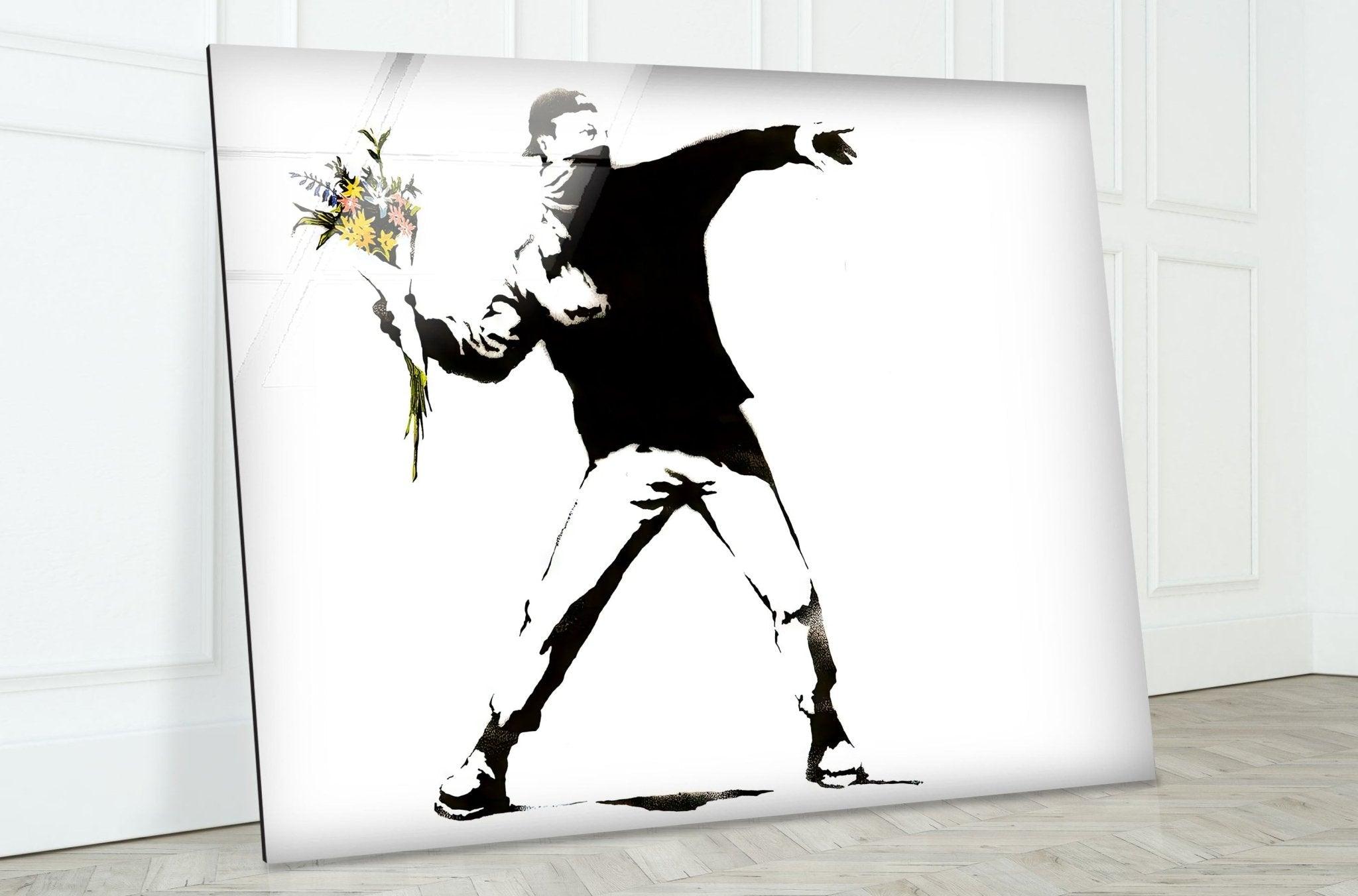 Banksy Flower Thrower Glass Wall Art - Stunning Framed Home Decor for Living Room, Bedroom & Office - Unique Gift Idea for Art Lovers