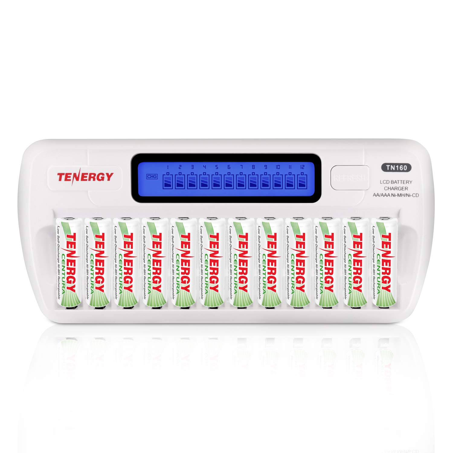 Tenergy 12 Pack Centura AA Rechargeable Batteries with TN160 12-Bay Smart Charger - 2800mAh Low Self-Discharge NiMH Batteries for Remote Controls, Toys, Flashlights, Game Controllers & Electronics - Perfect for Home, Office and Emergency Power Backup