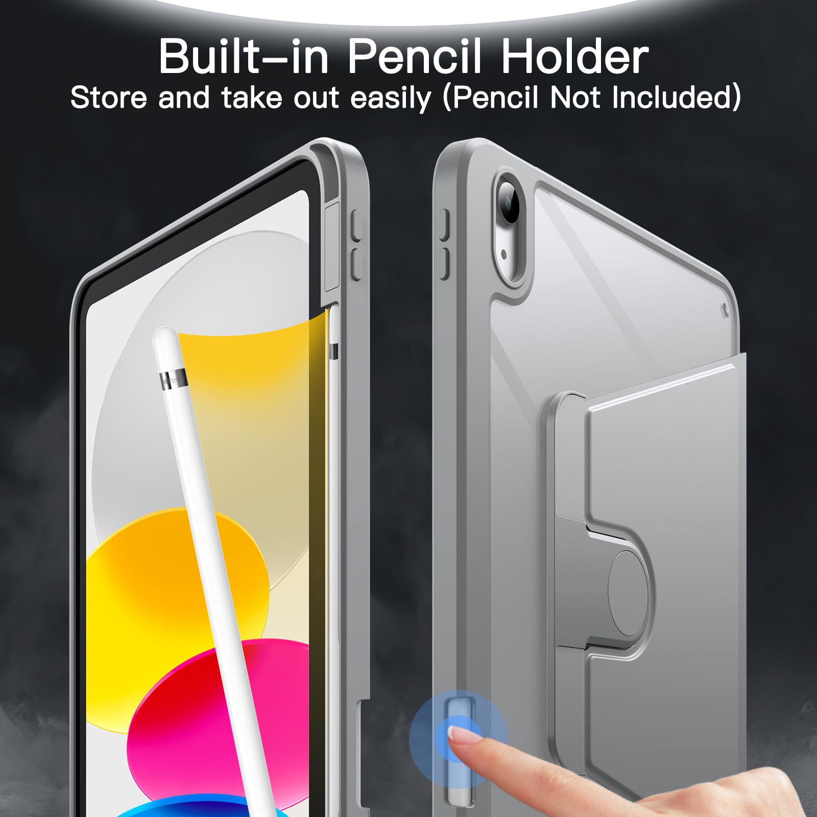 JETech 360° Rotating Protective Case for iPad 11th/10th Gen (2025/2022 Model A16) with Pencil Holder - Clear Back Cover, Auto Wake/Sleep Function - Perfect for Work, Study & Travel (Silver)