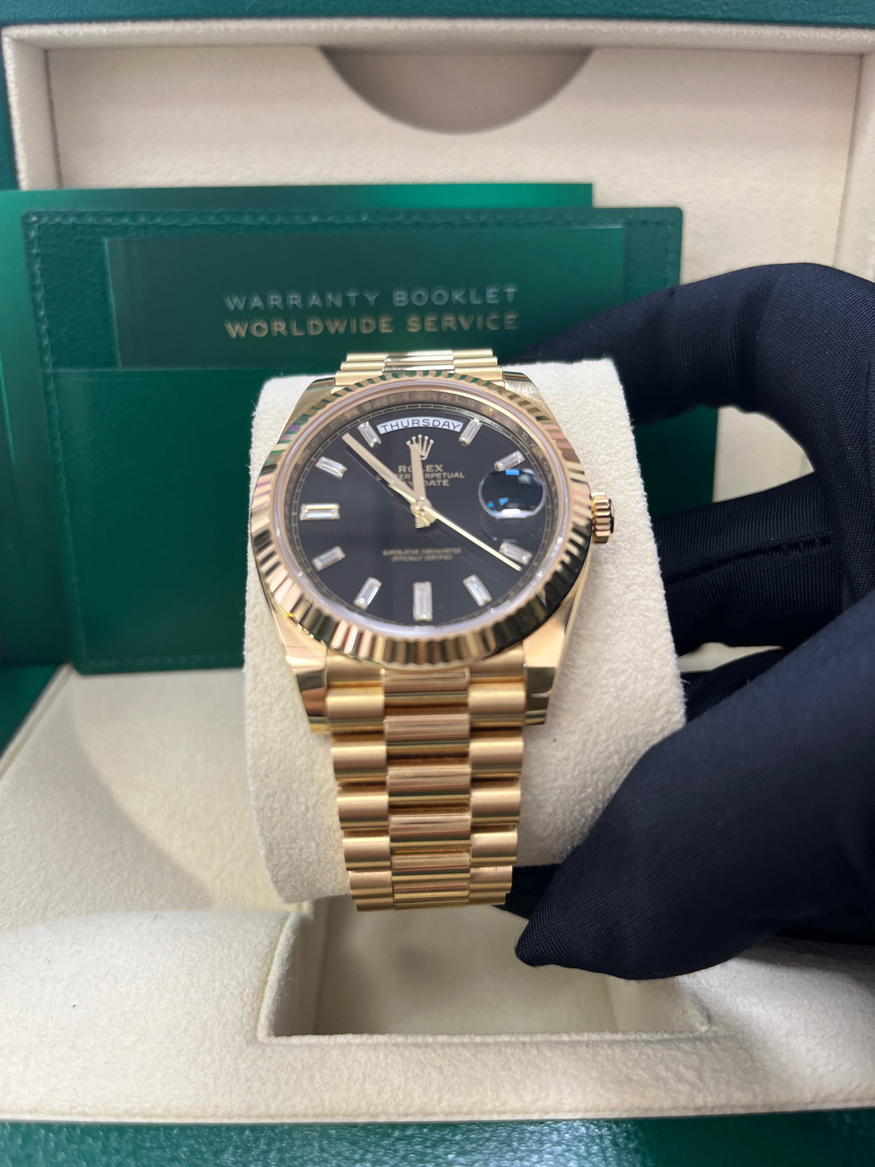 Rolex Day Date 40 18k Yellow Gold Watch with Baguette Diamond Dial & Fluted Bezel (Ref# 228238) - Luxury Timepiece for Business Meetings, Formal Events & Special Occasions
