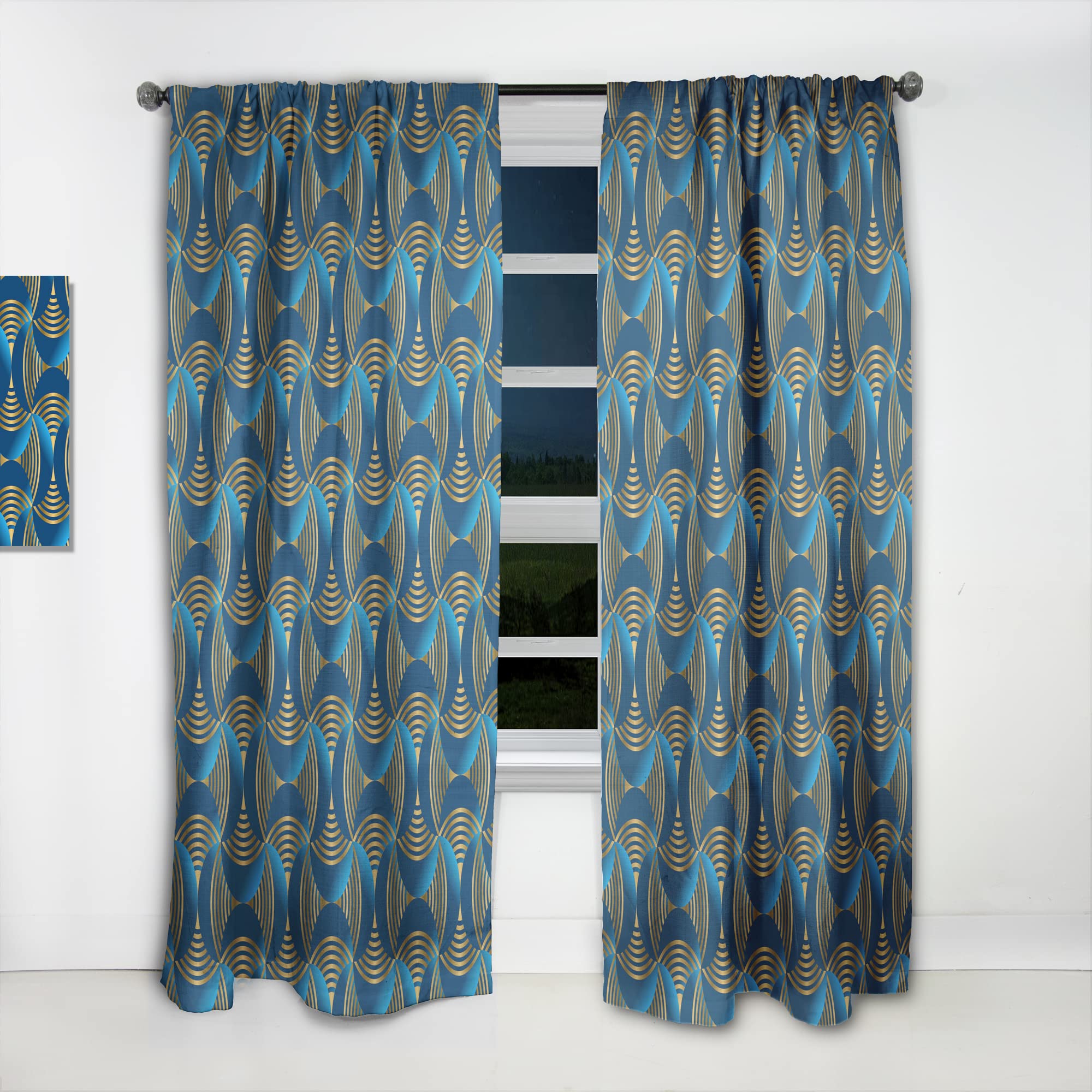 Geometric Abstract Wave Pattern Thermal Insulated Curtains in Gold & Navy Blue - Single Panel 52x95 Inches for Bedroom & Living Room - Blackout Drapes for Home Decor & Privacy
