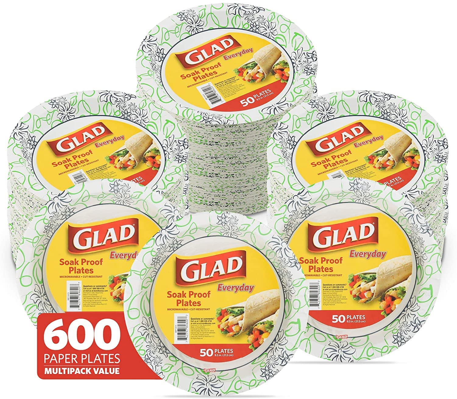Glad 8.5-Inch Round Heavy Duty Disposable Paper Plates - Soak Proof, Cut Resistant & Microwavable - White with Blue Green Floral Design - 600 Count (12 Packs of 50) - Perfect for Parties, BBQs, Picnics & Family Gatherings