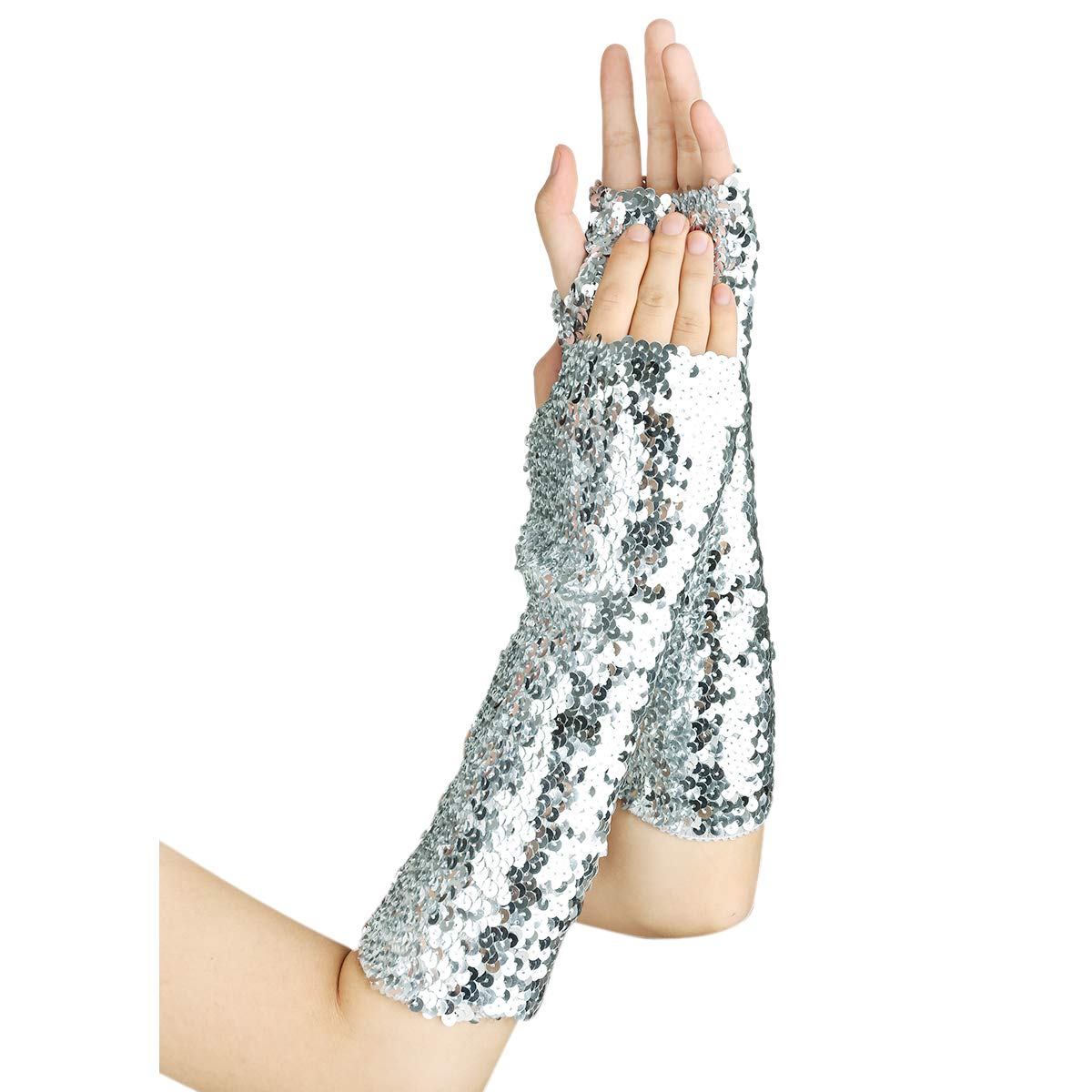 JISEN Shiny Sequins Arm Warmers - Stretchy Fingerless Gloves for Women, Fashionable Dance & Performance Accessories, Perfect for Cosplay, Rave Parties, and Winter Outfits