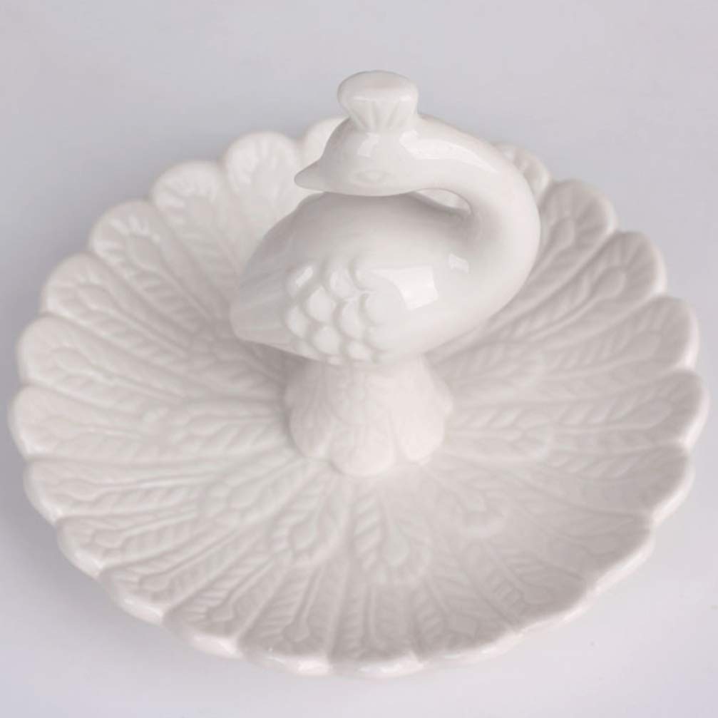 DOITOOL White Porcelain Peacock Ring Dish - Elegant Jewelry Holder & Earrings Storage Tray for Women | Perfect for Vanity, Bathroom, and Gift Giving