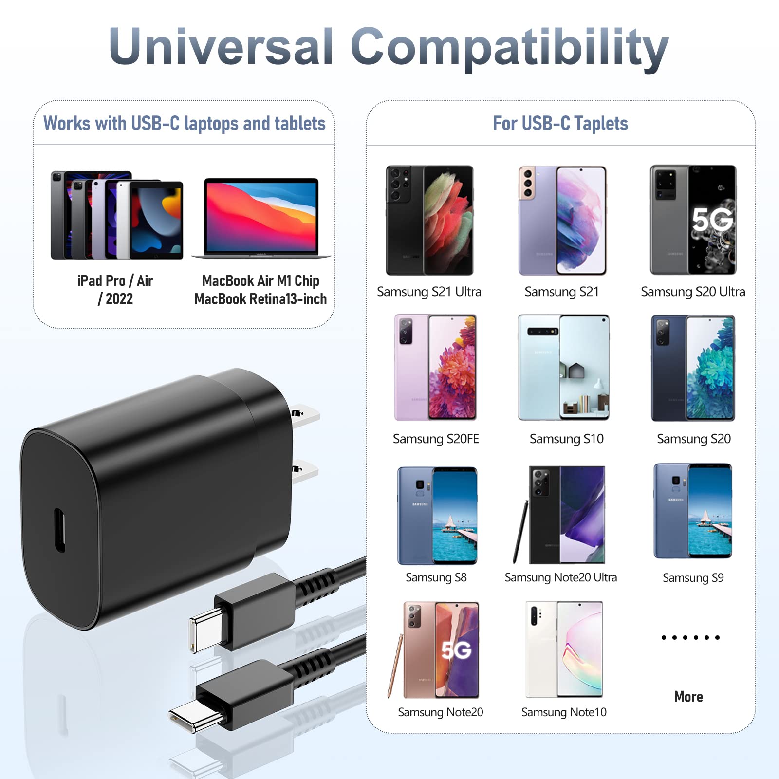 2-Pack 25W Super Fast Charger with 6ft USB-C Cable - Type C Wall Charger & Long Android Phone Charger for Samsung Galaxy S25/S24/S23/S22/S21 Series & Note 20/10+ - Fast Charging for Home, Office & Travel