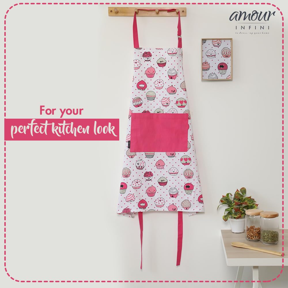 AMOUR INFINI 5-Piece Kitchen Set - Apron, 2 Towels, Oven Mitt & Pot Holder with Valentine Cupcake Design - Perfect for Baking, BBQ, Grilling & Kitchen Decor