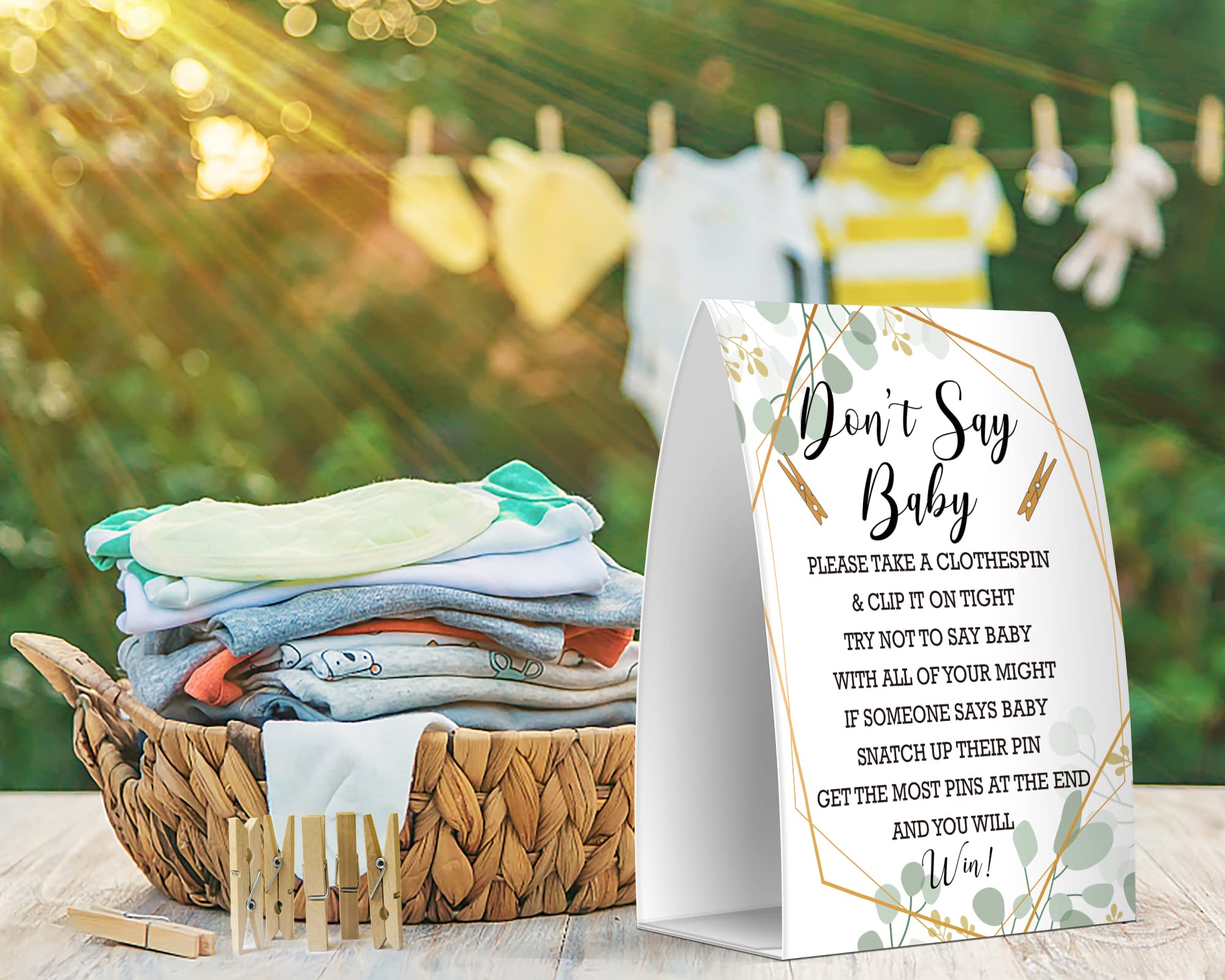 Gender Neutral Baby Shower Game Set - 5x7 Don't Say Baby Sign & 50 Mini Clothespins for Baby Shower Decorations & Party Games - Perfect for Baby Reveal Parties & Gender Neutral Celebrations